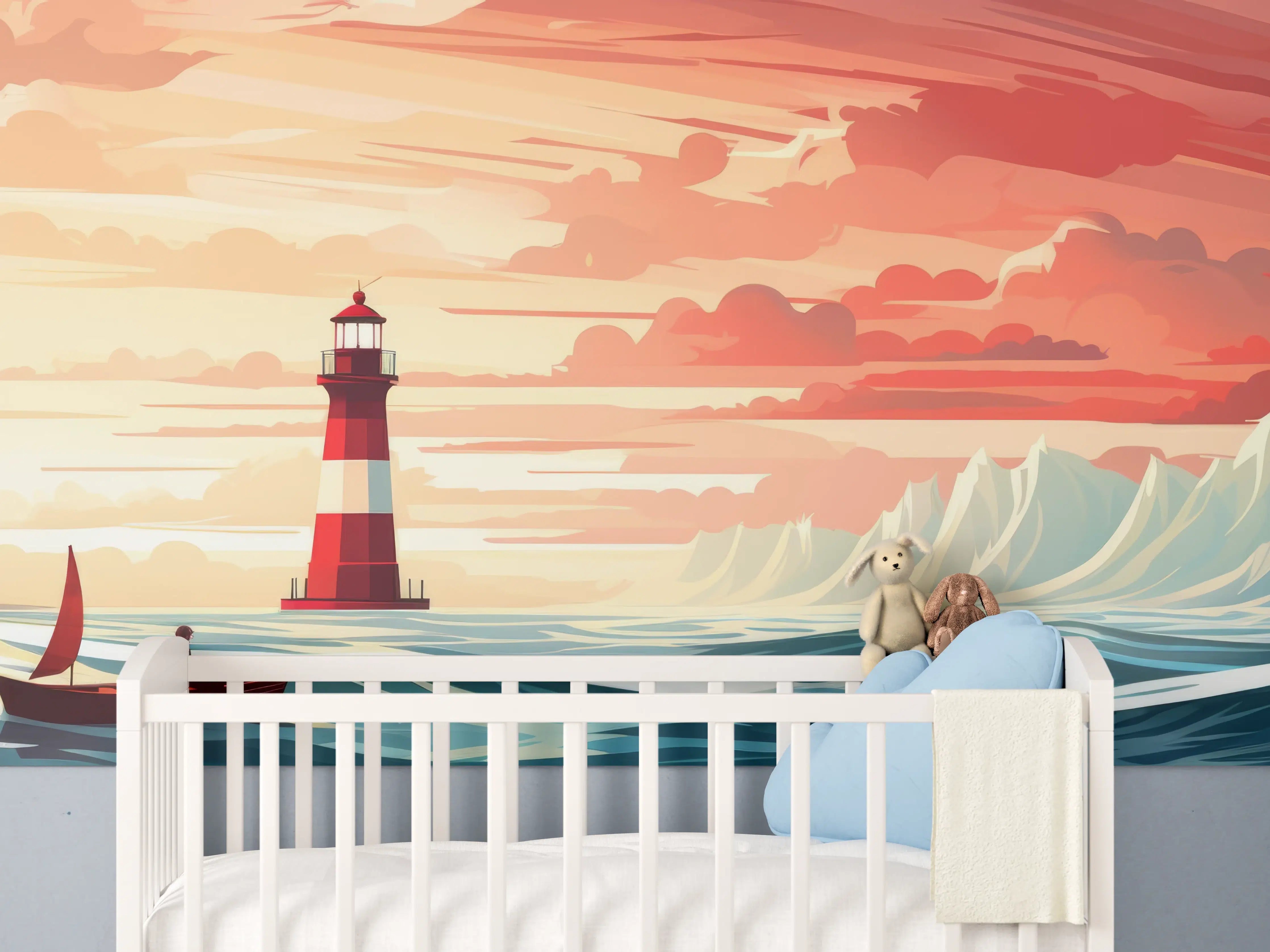 Babyzimmer Wandgestaltung - Leuchtturm am Sonnenuntergang