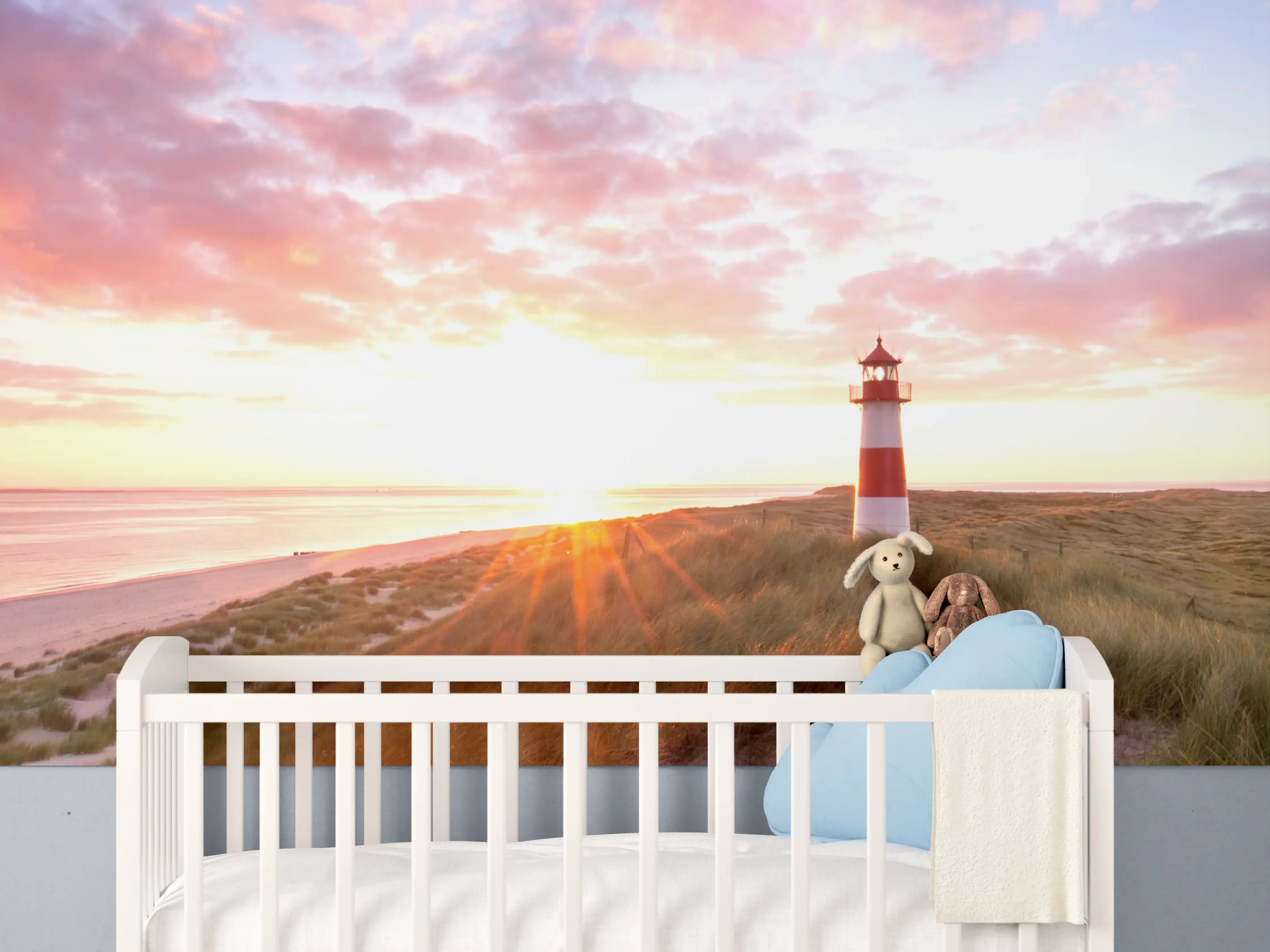 Babyzimmer Wandgestaltung - Leuchtturm im Grau beim Abendrot