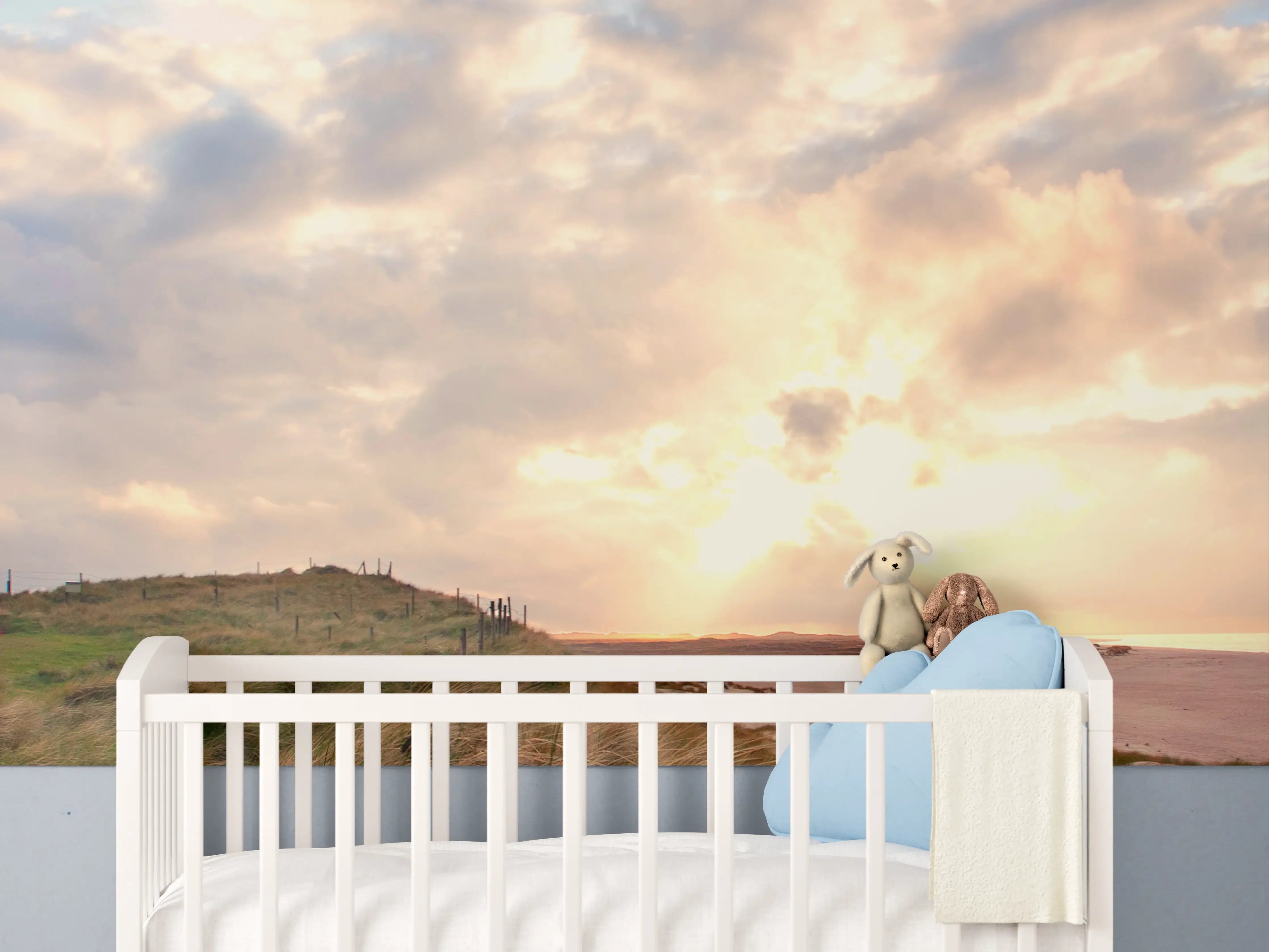 Babyzimmer Wandgestaltung - Leuchtturm im goldenen Dämmerlicht