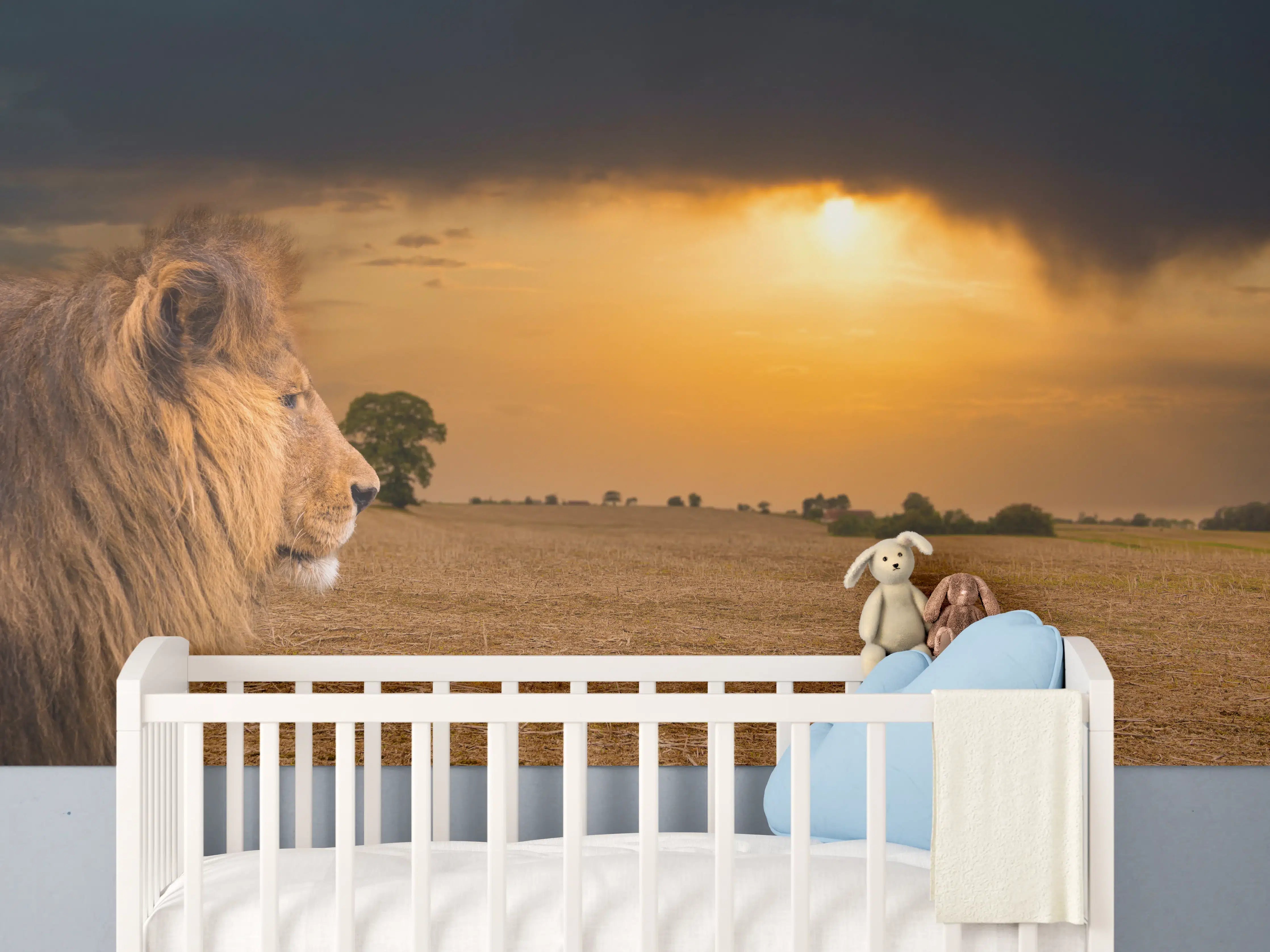 Babyzimmer Wandgestaltung - Löwe in Steppe im Sonnenuntergang