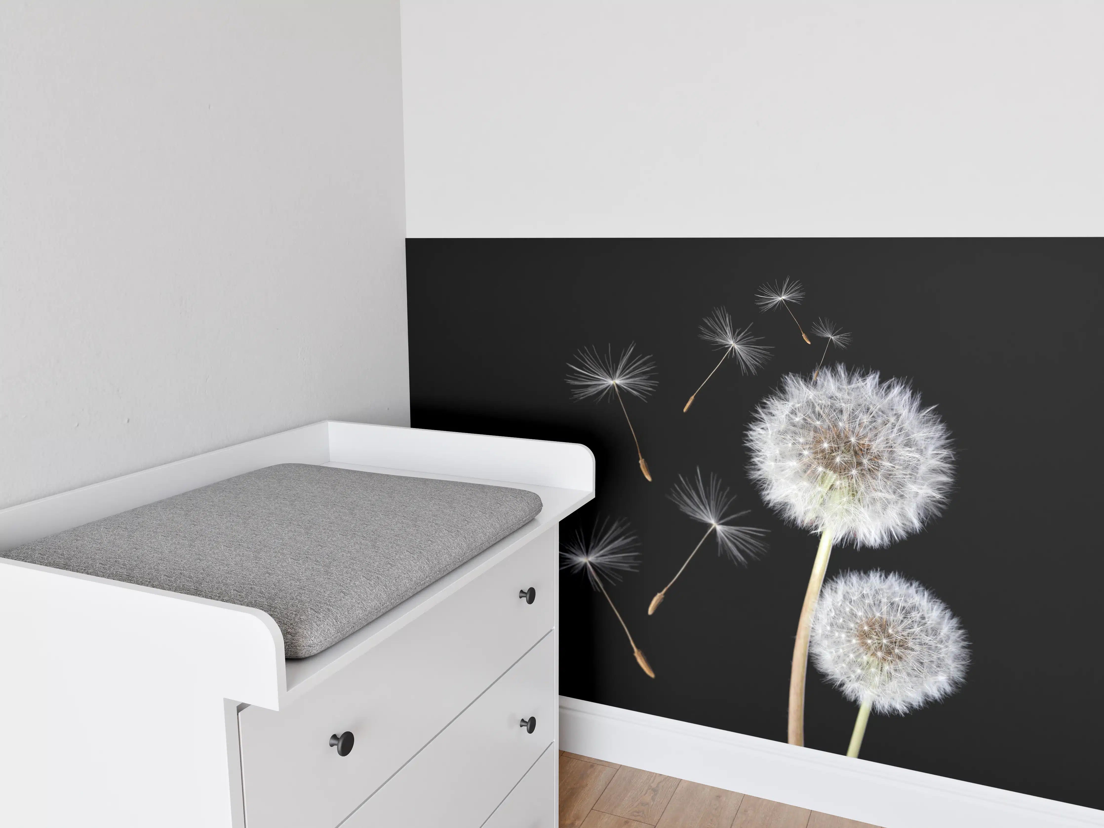 Babyzimmer Wandgestaltung - Löwenzahn auf schwarzem Hintergrund