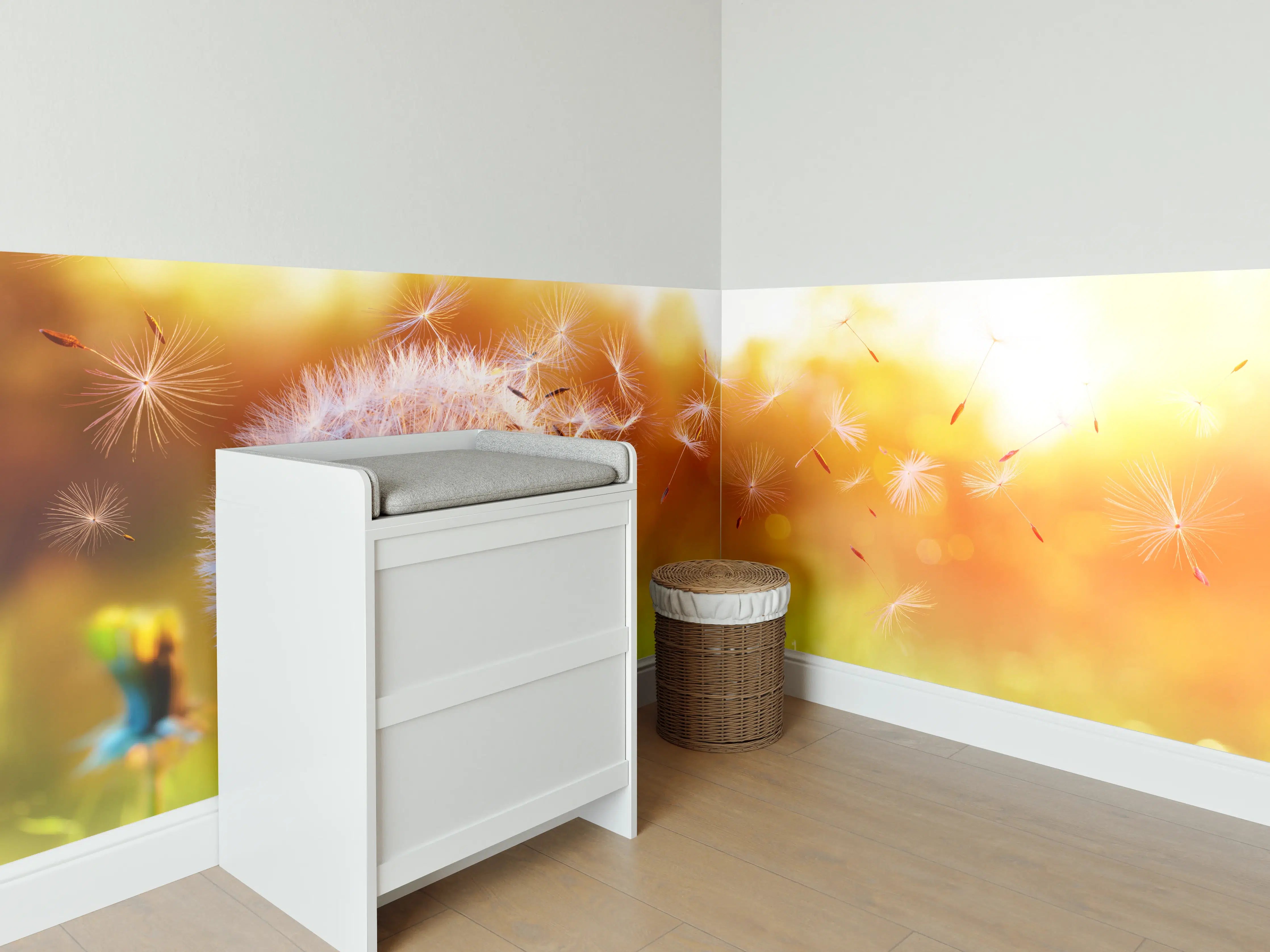 Babyzimmer Wandgestaltung - Löwenzahn im Feld bei Sonnenuntergang