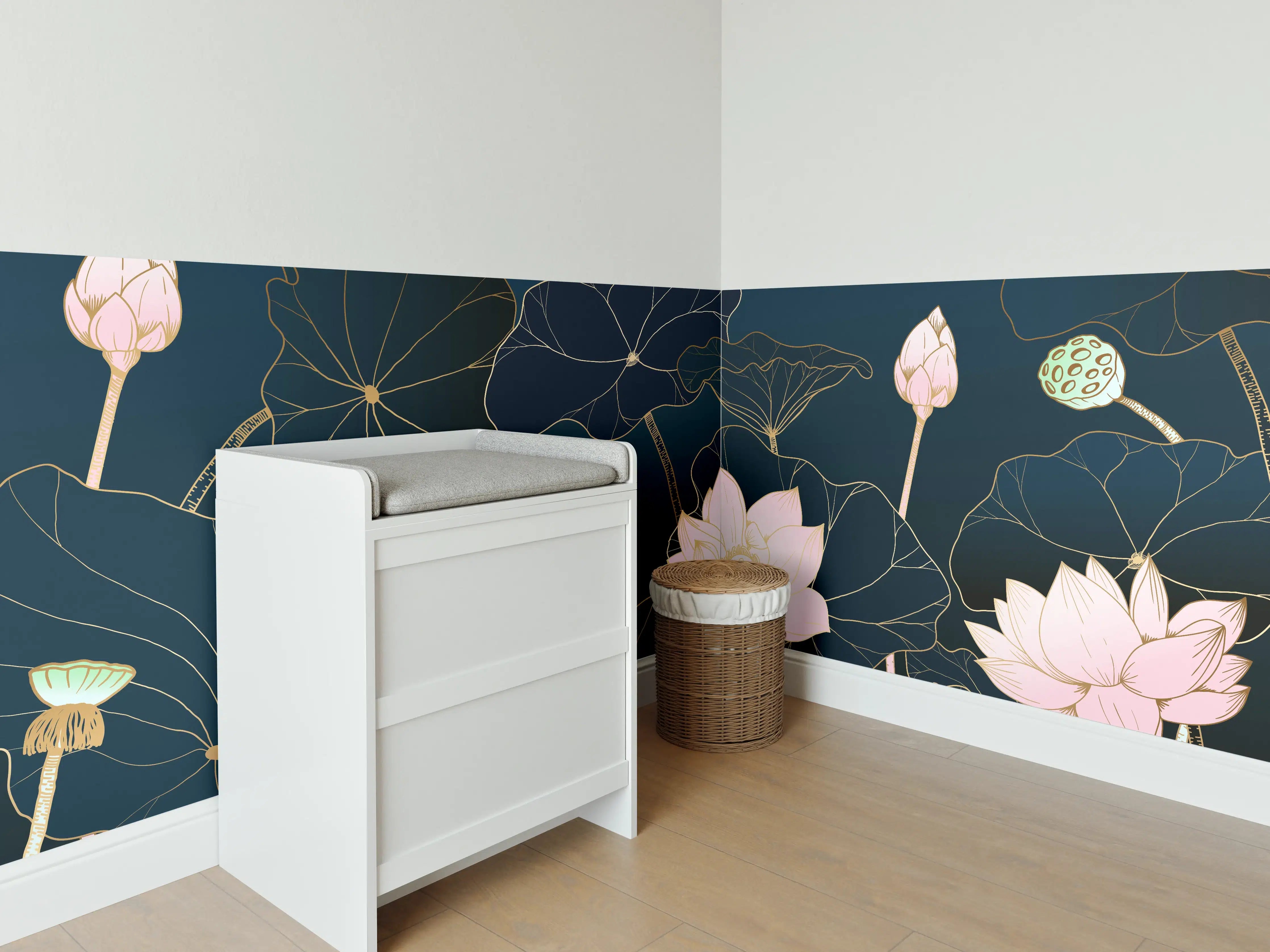 Babyzimmer Wandgestaltung - Lotusblüten Nachtblau Illustration