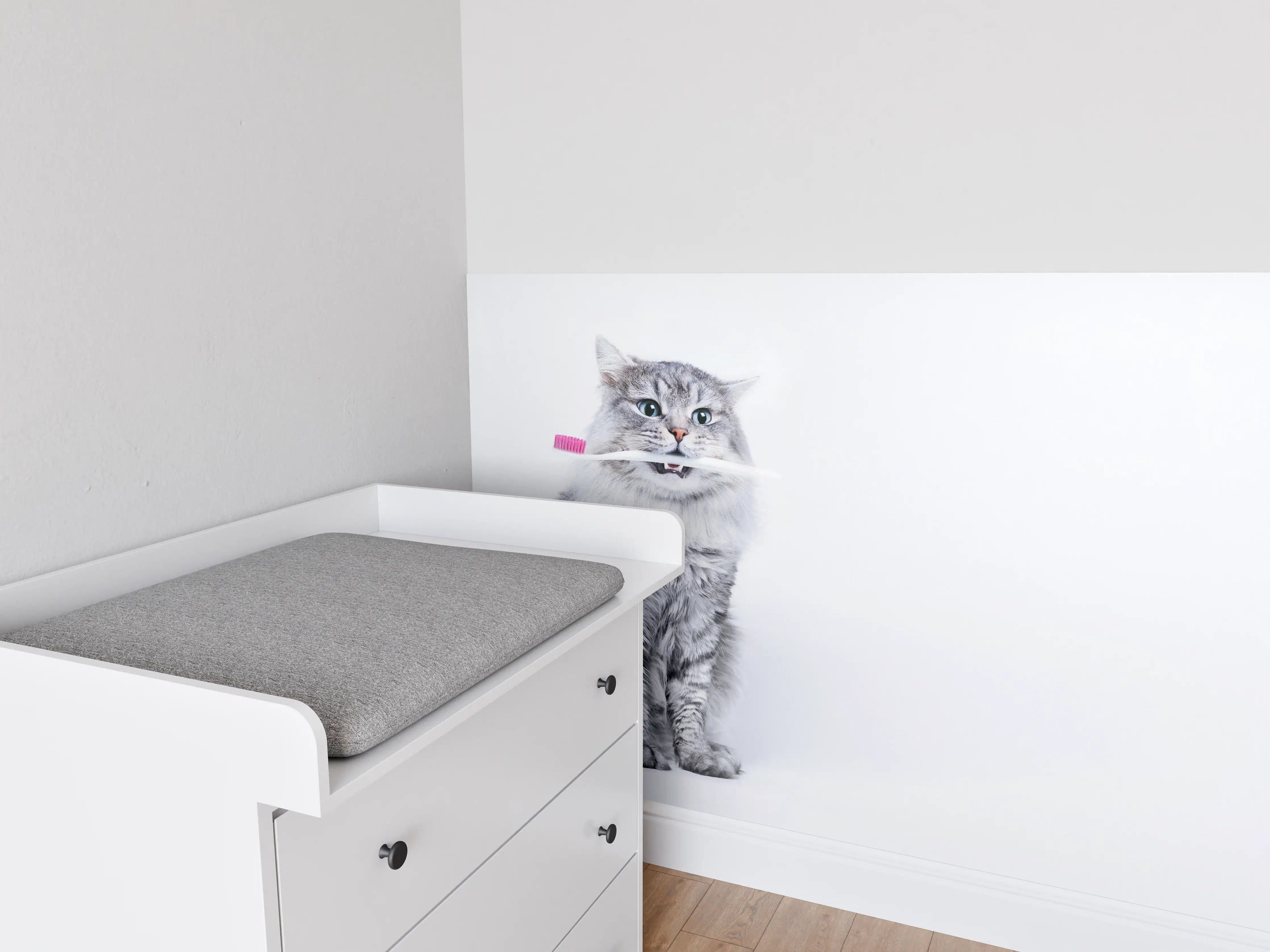 Babyzimmer Wandgestaltung - Lustige Katze mit Zahnbürste