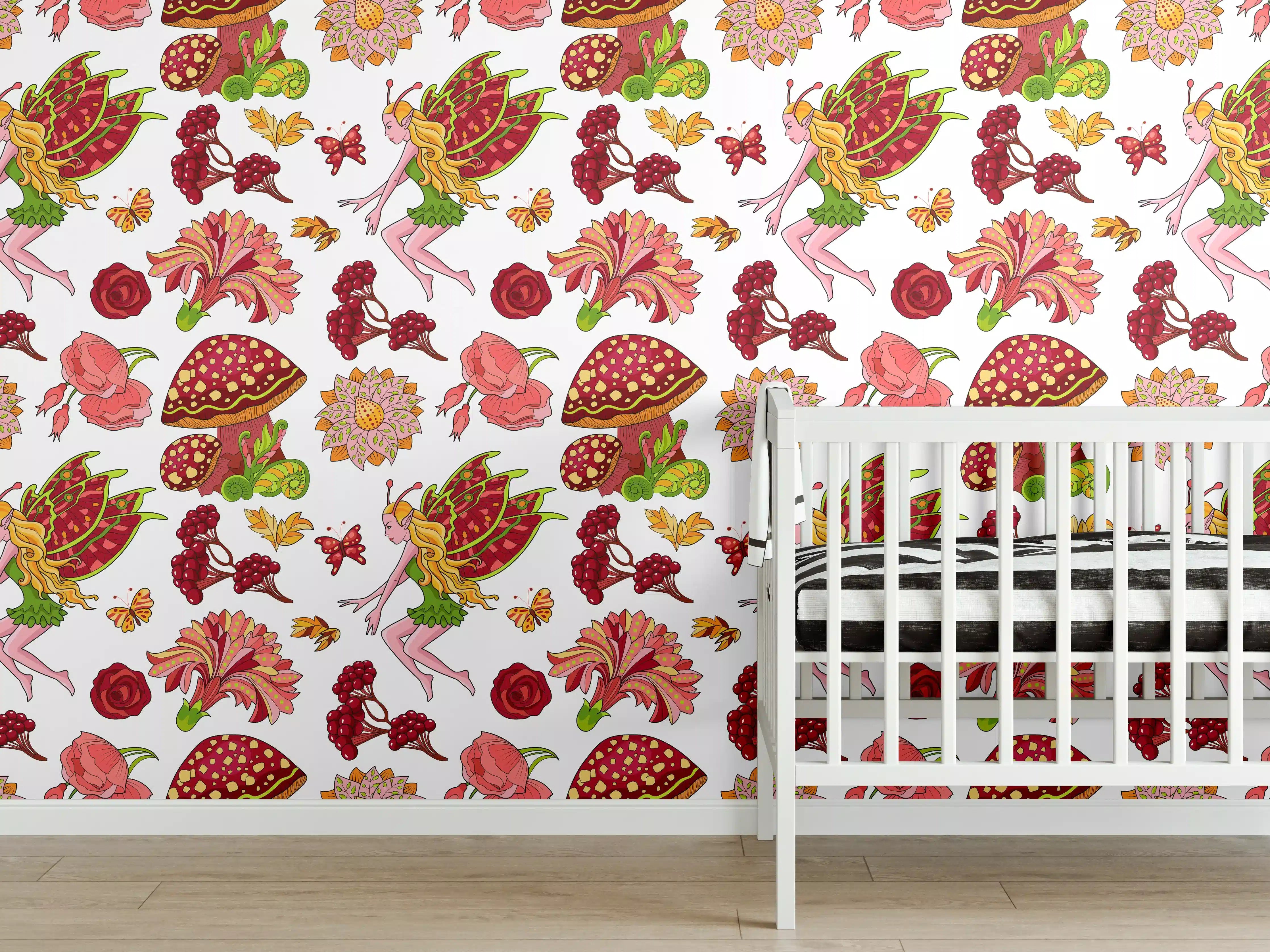 Babyzimmer Wandgestaltung - Märchenhafte Pilz- und Blumenmuster in Rot und Gelb