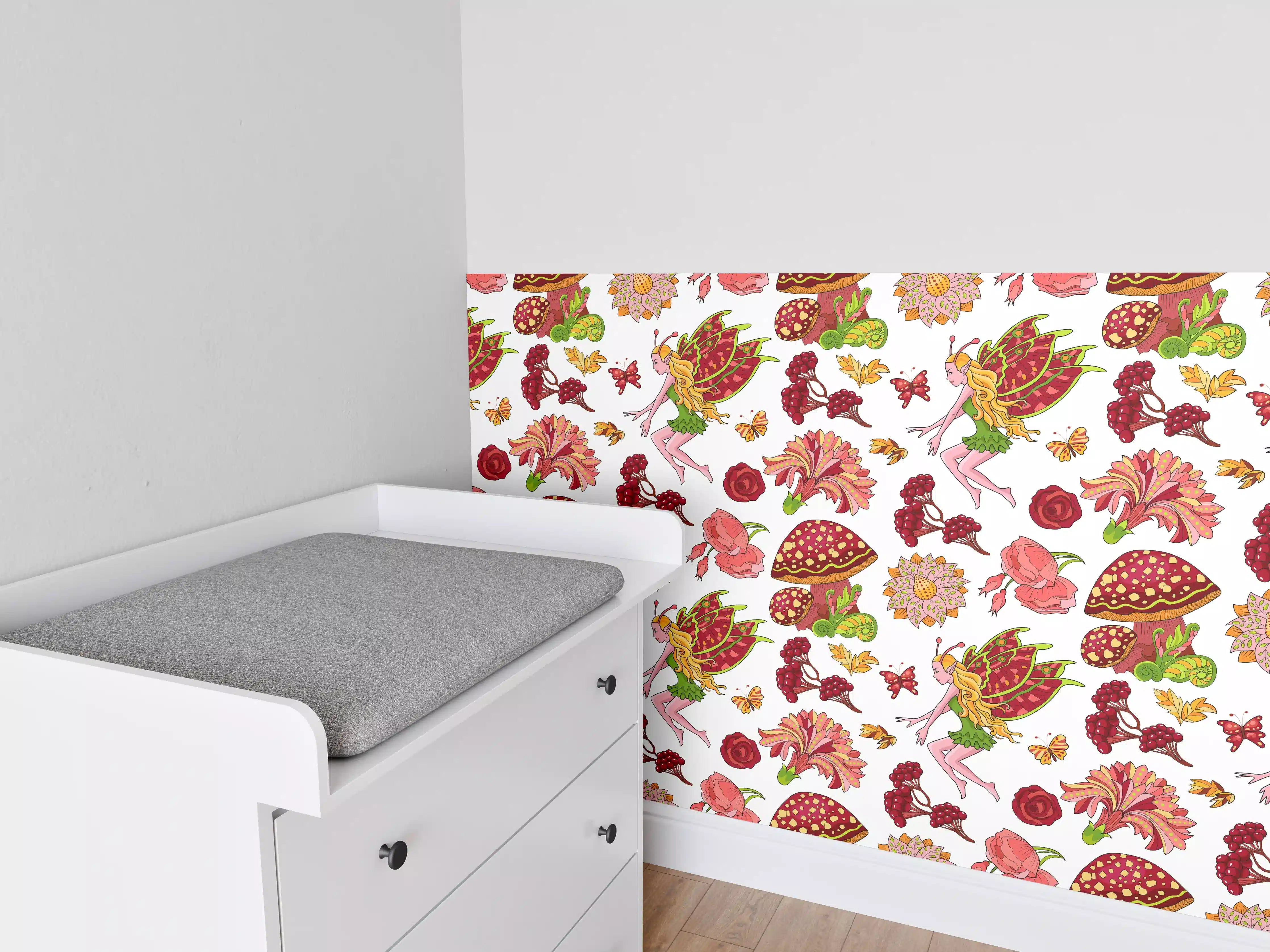 Babyzimmer Wandgestaltung - Märchenhafte Pilz- und Blumenmuster in Rot und Gelb