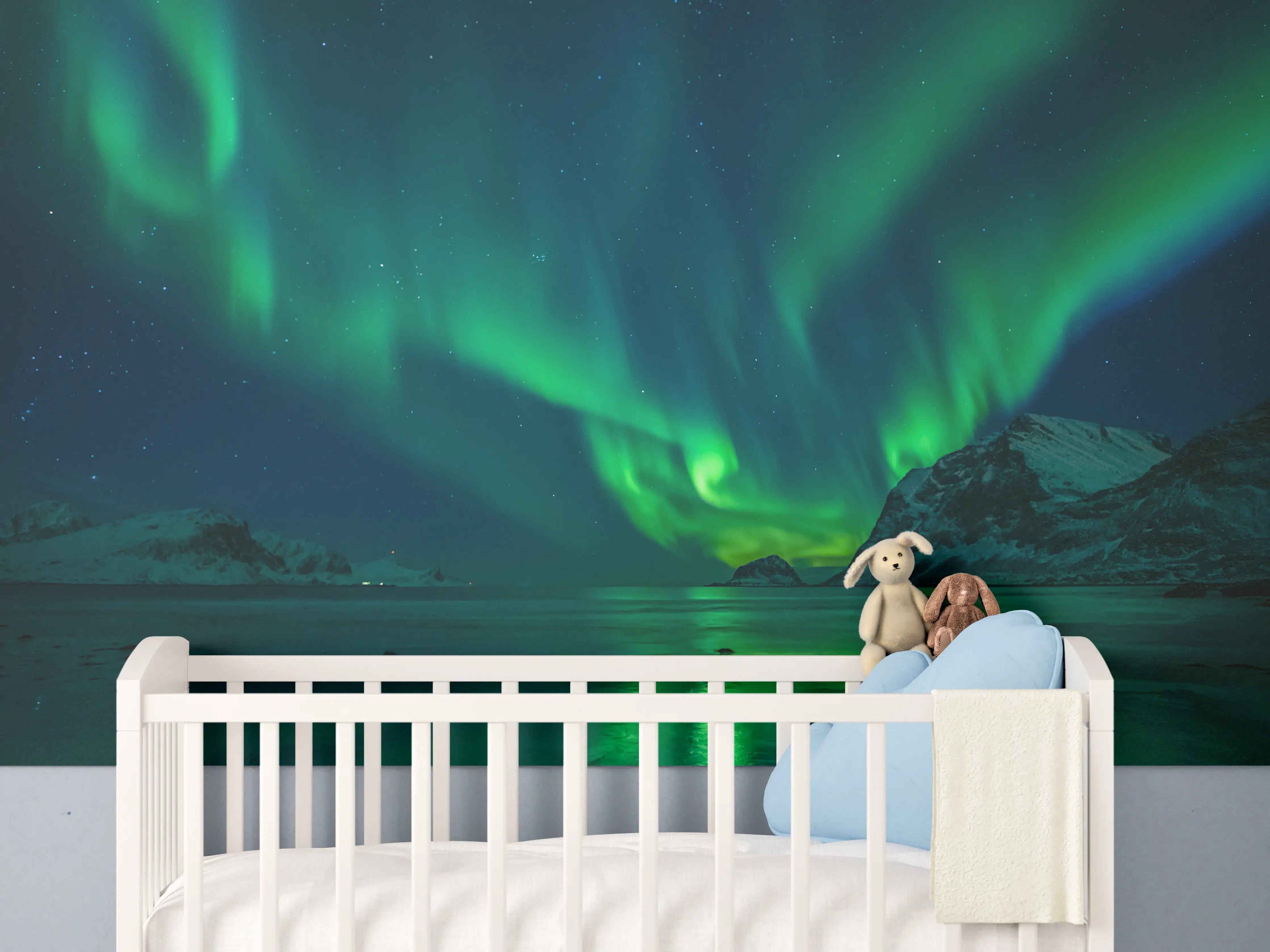 Babyzimmer Wandgestaltung - Magische Nordlichter am Strand