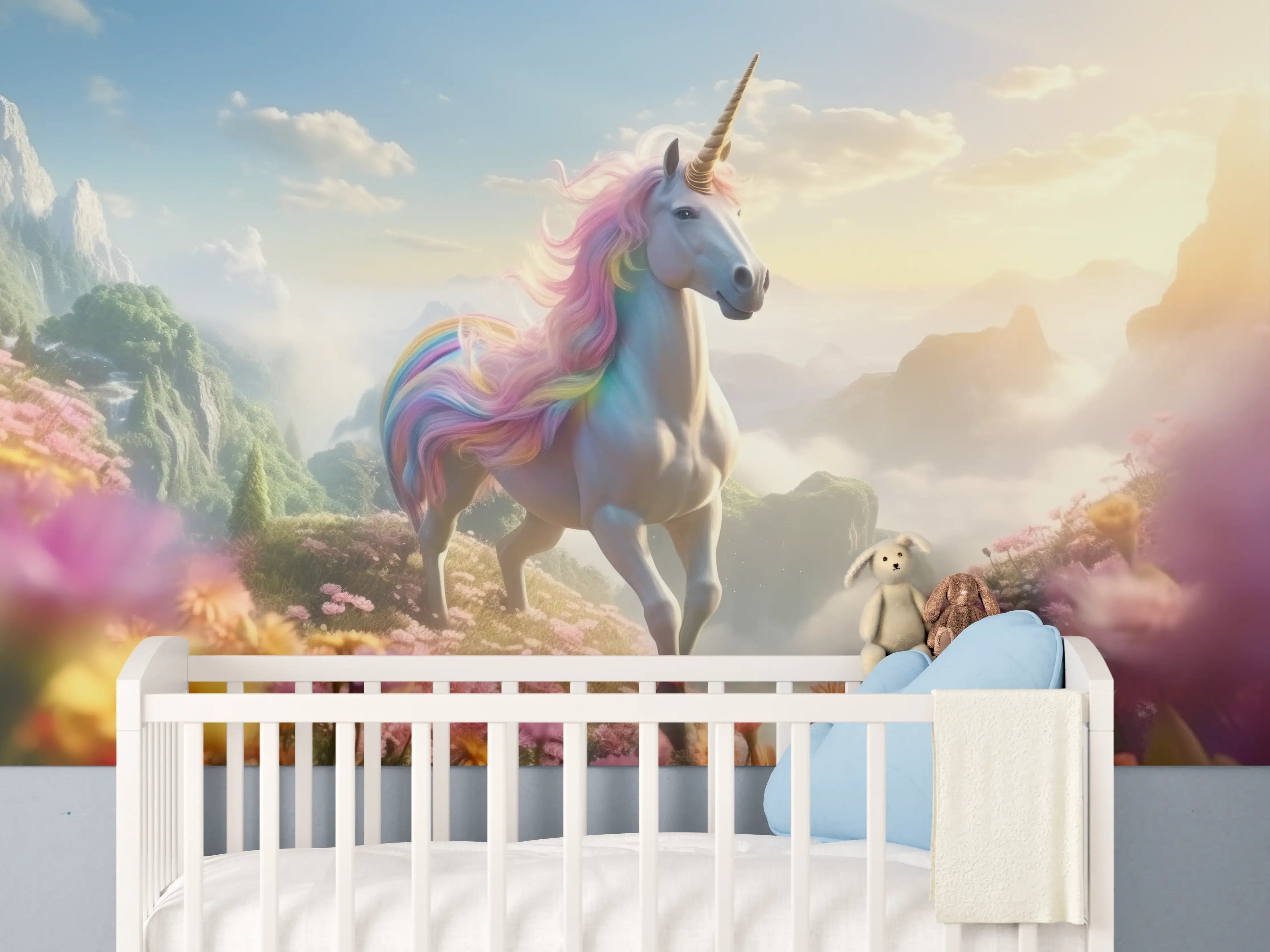 Babyzimmer Wandgestaltung - Magischer Einhorn-Ausblick mit Blumenmeer