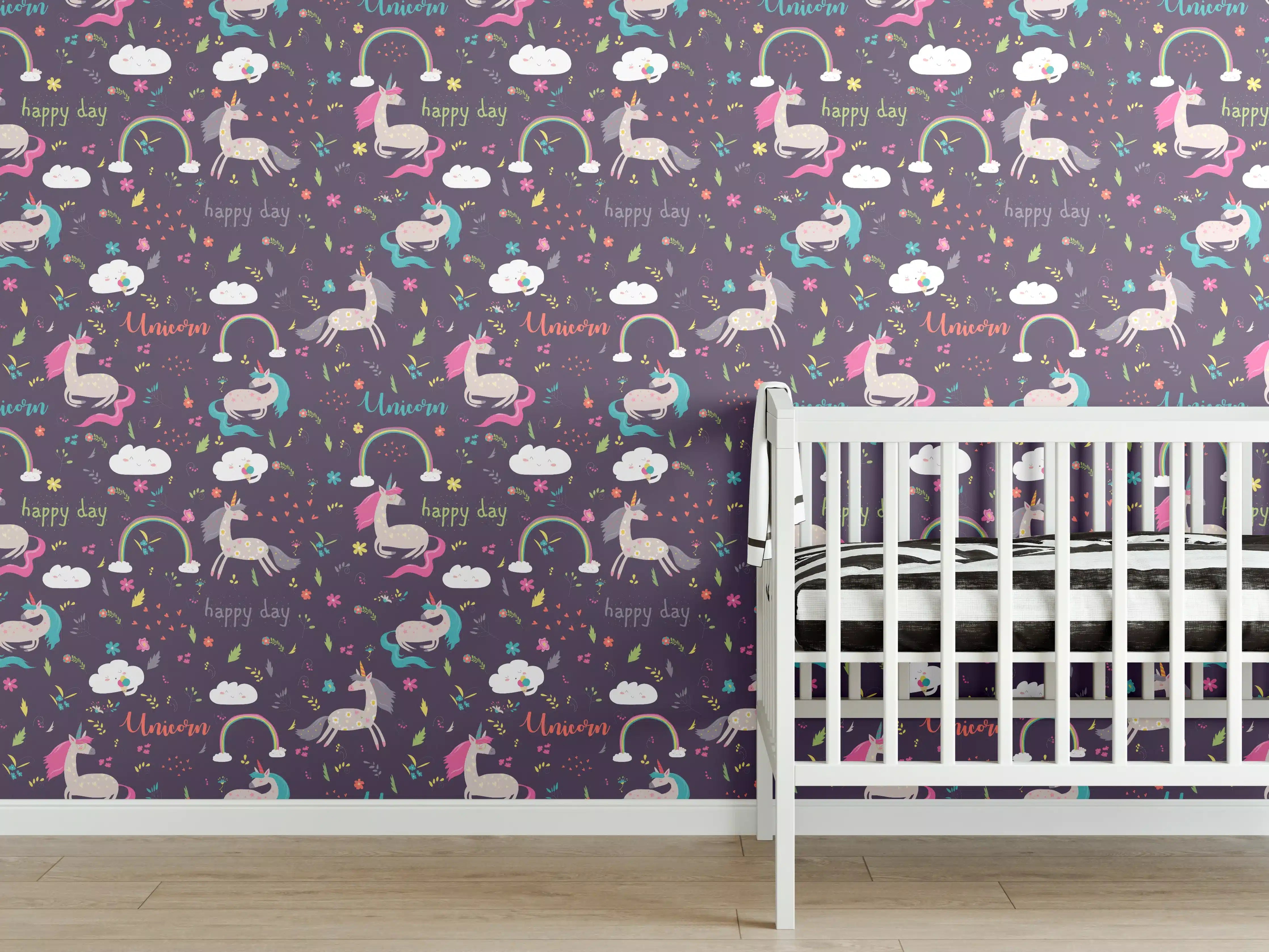 Babyzimmer Wandgestaltung - Magischer Einhorntraum auf dunklem Hintergrund