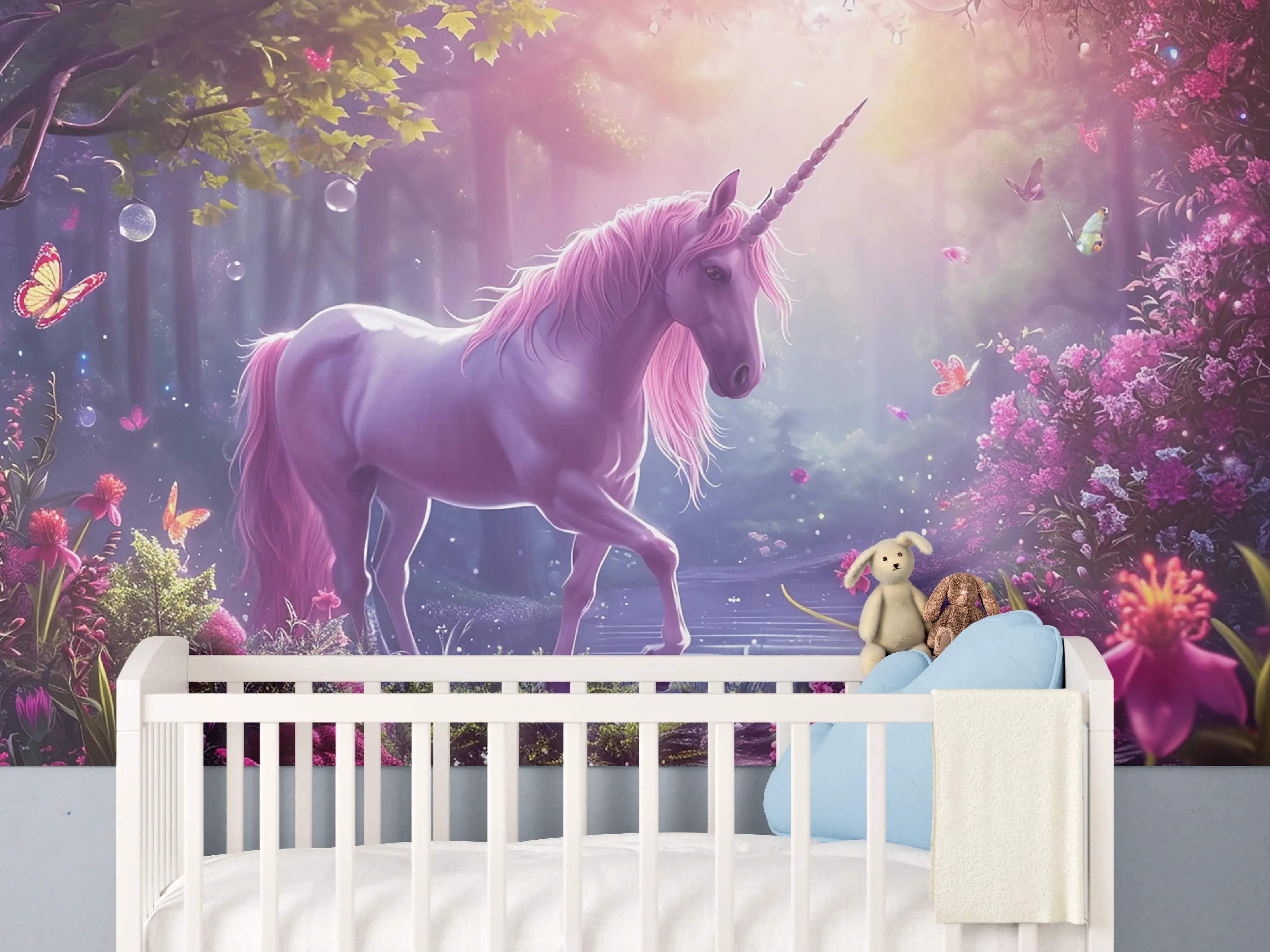 Babyzimmer Wandgestaltung - Magischer Einhornwald mit pinken Blüten und sanftem Licht