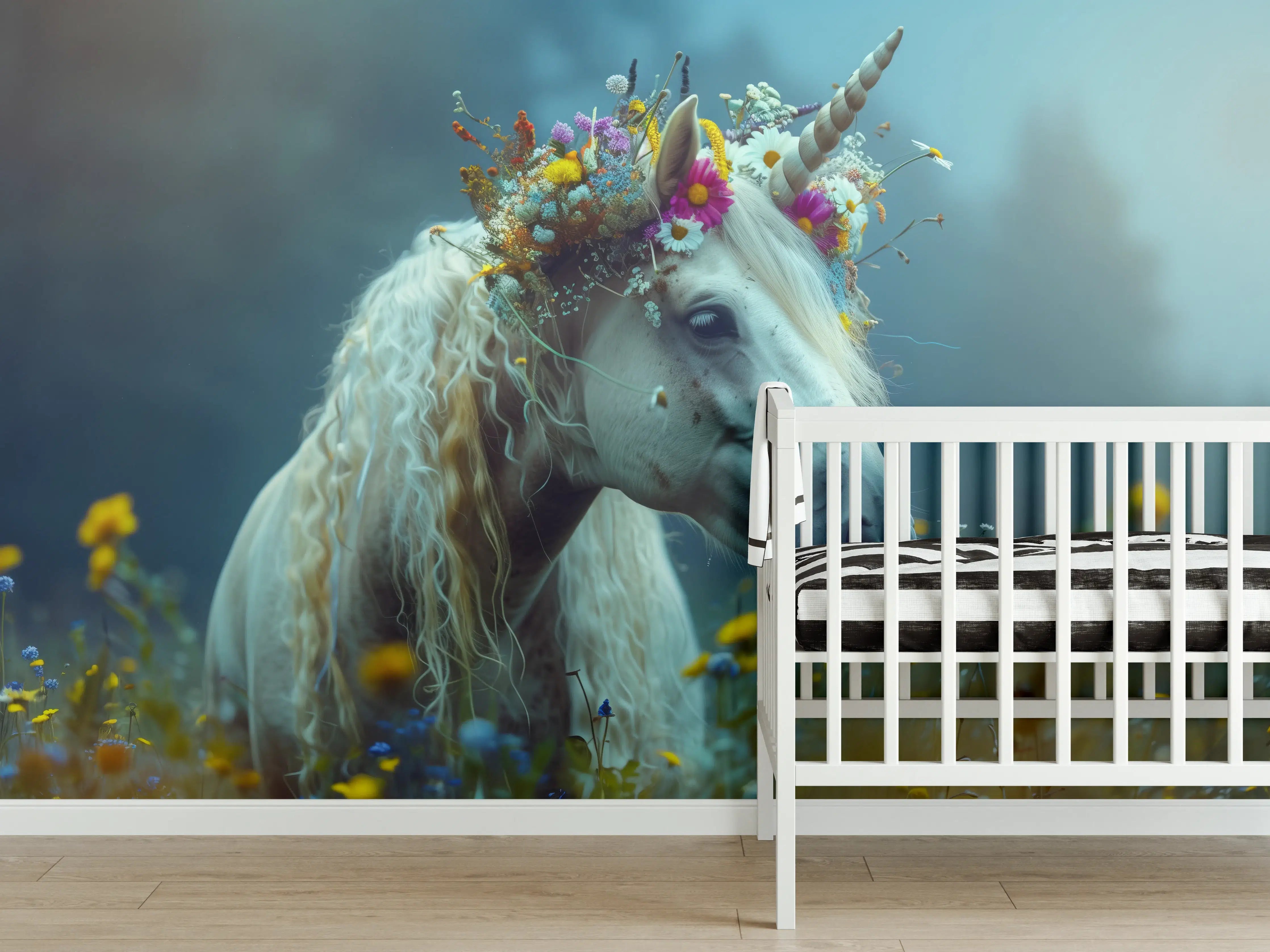 Babyzimmer Wandgestaltung - Magischer Einhornzauber in blühender Wiesenlandschaft