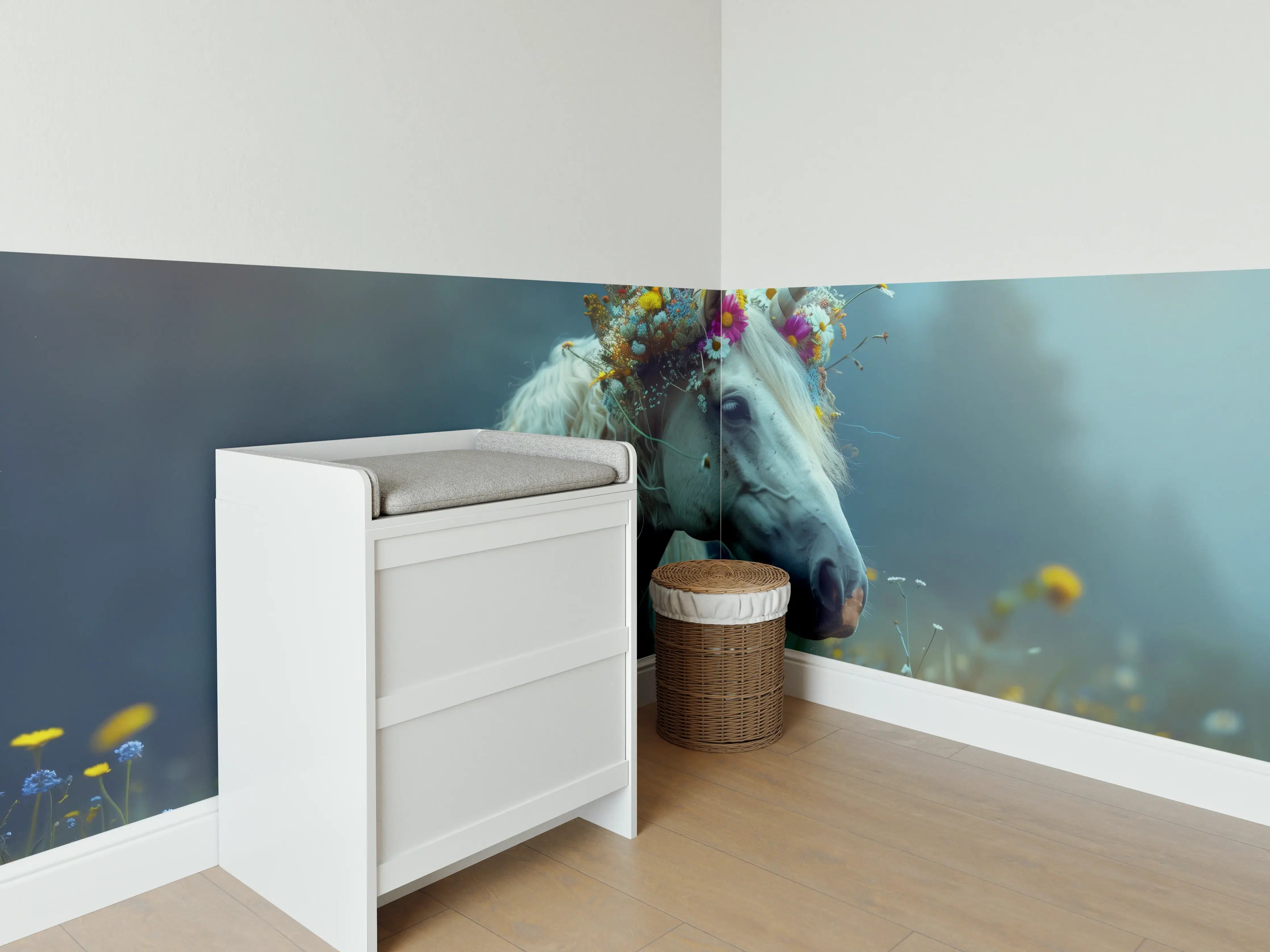 Babyzimmer Wandgestaltung - Magischer Einhornzauber in blühender Wiesenlandschaft