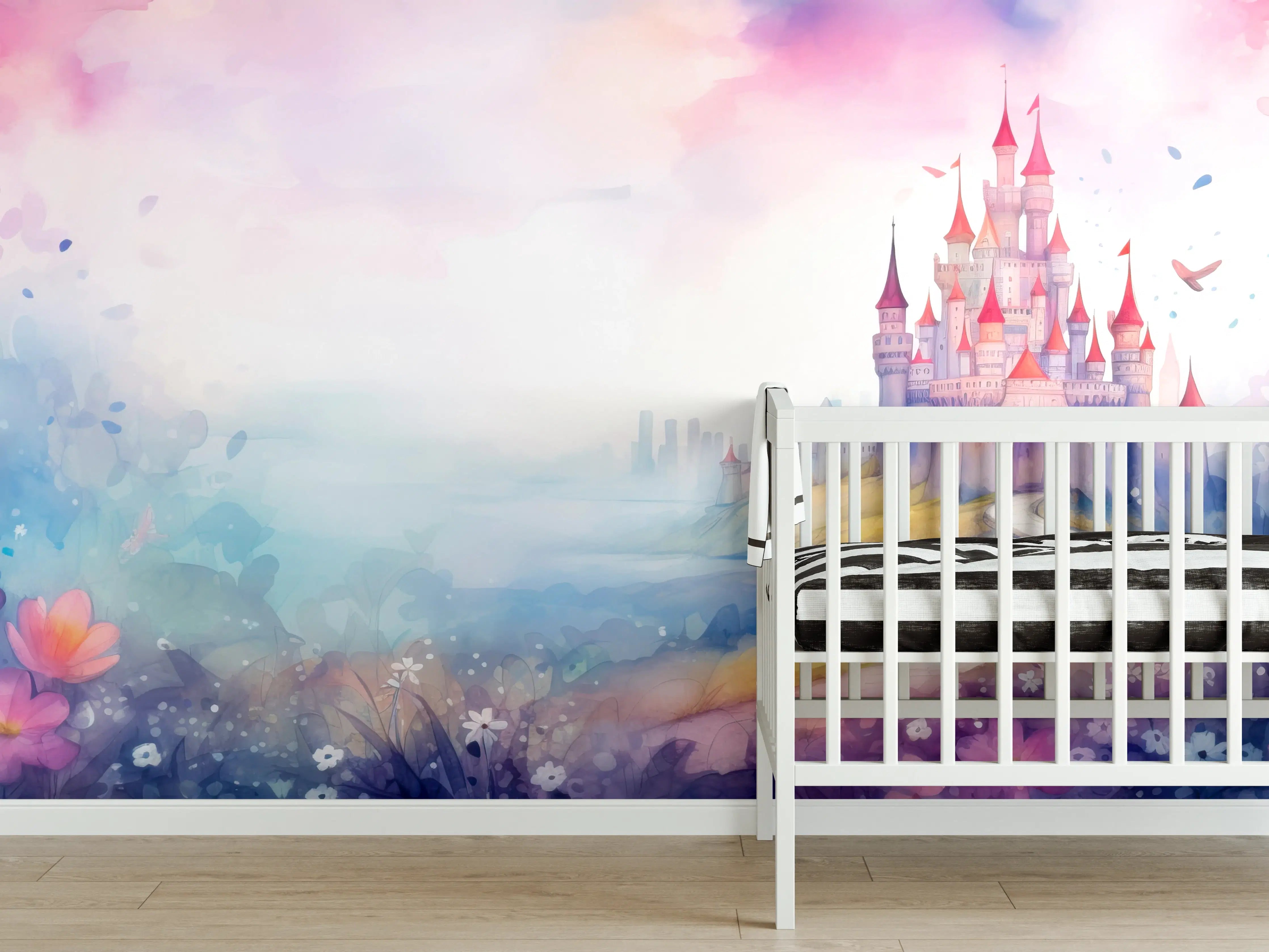 Babyzimmer Wandgestaltung - Magischer Märchenschloss in Pastellfarben
