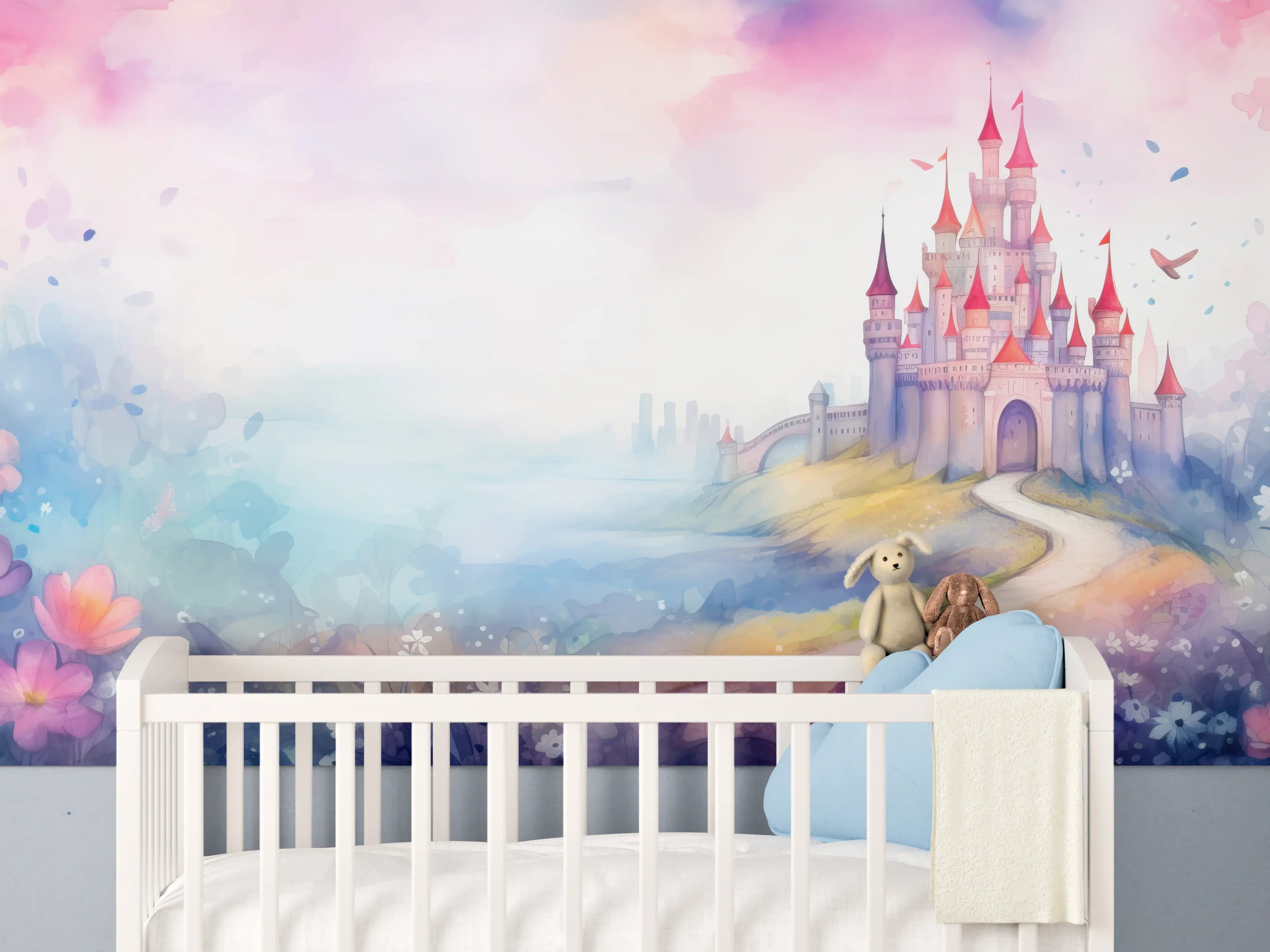 Babyzimmer Wandgestaltung - Magischer Märchenschloss in Pastellfarben