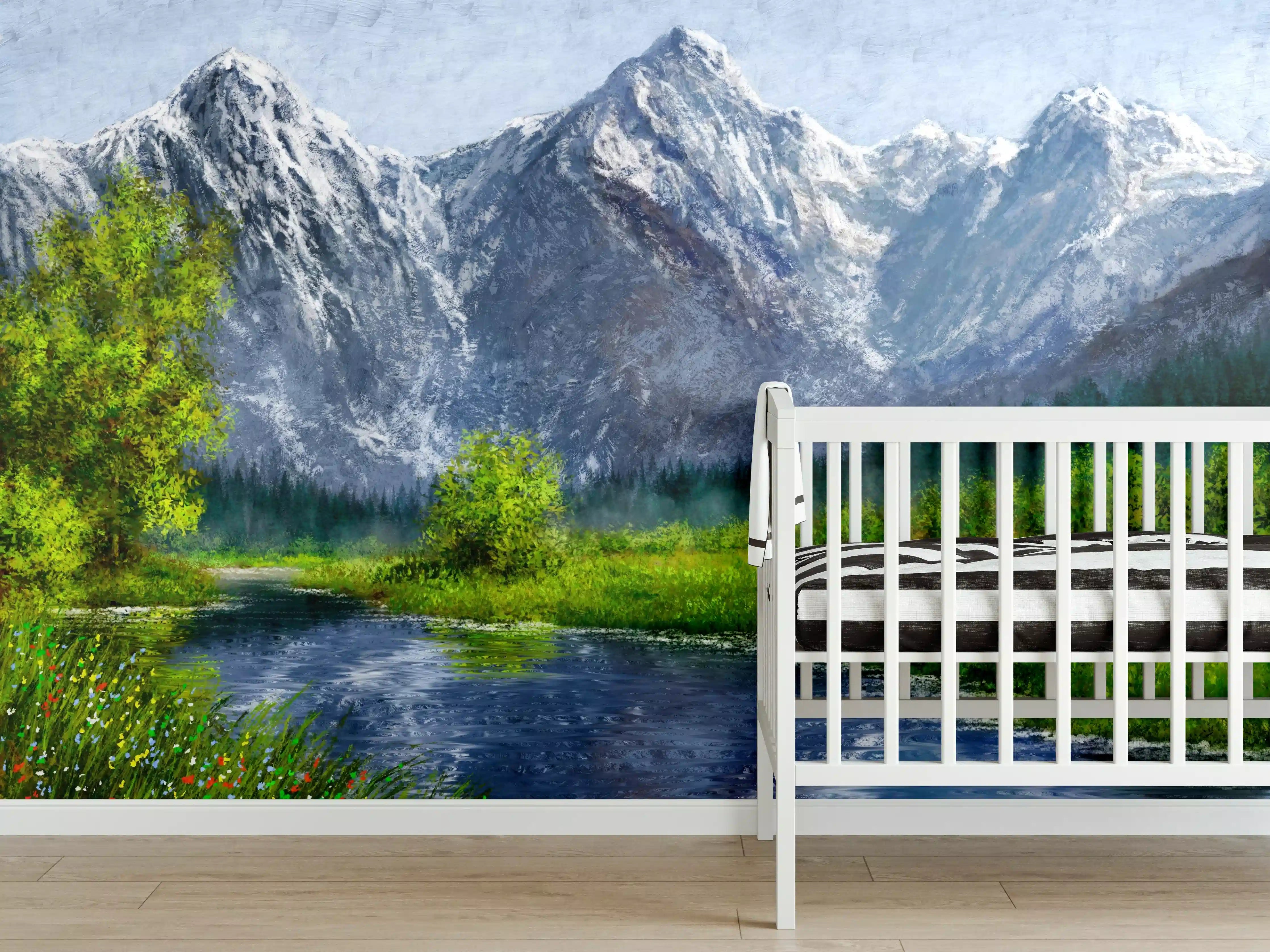 Babyzimmer Wandgestaltung - Majestätische Schneegipfel mit Flusslandschaft