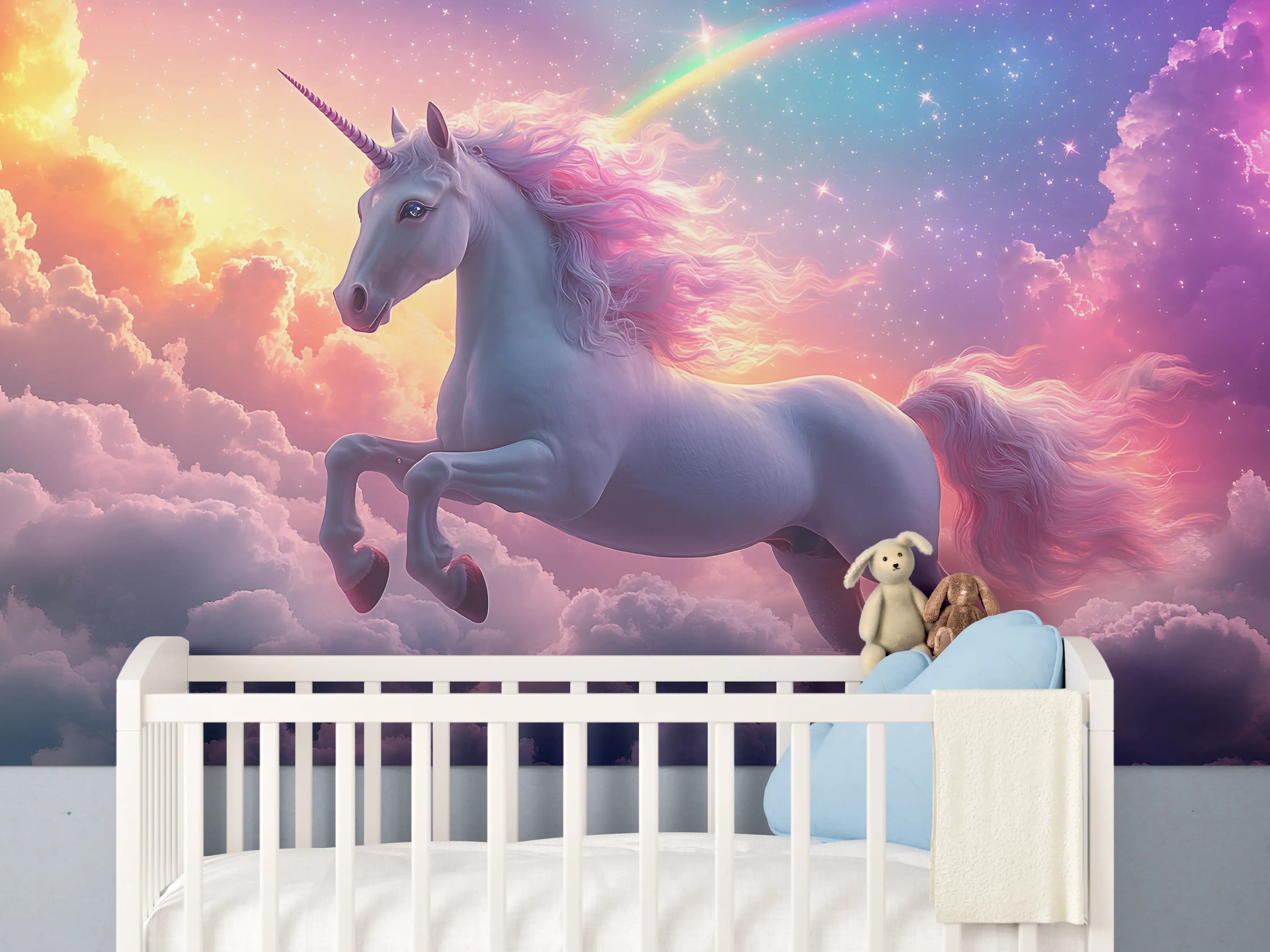 Babyzimmer Wandgestaltung - Majestischer Einhorn-Himmel mit Regenbogen