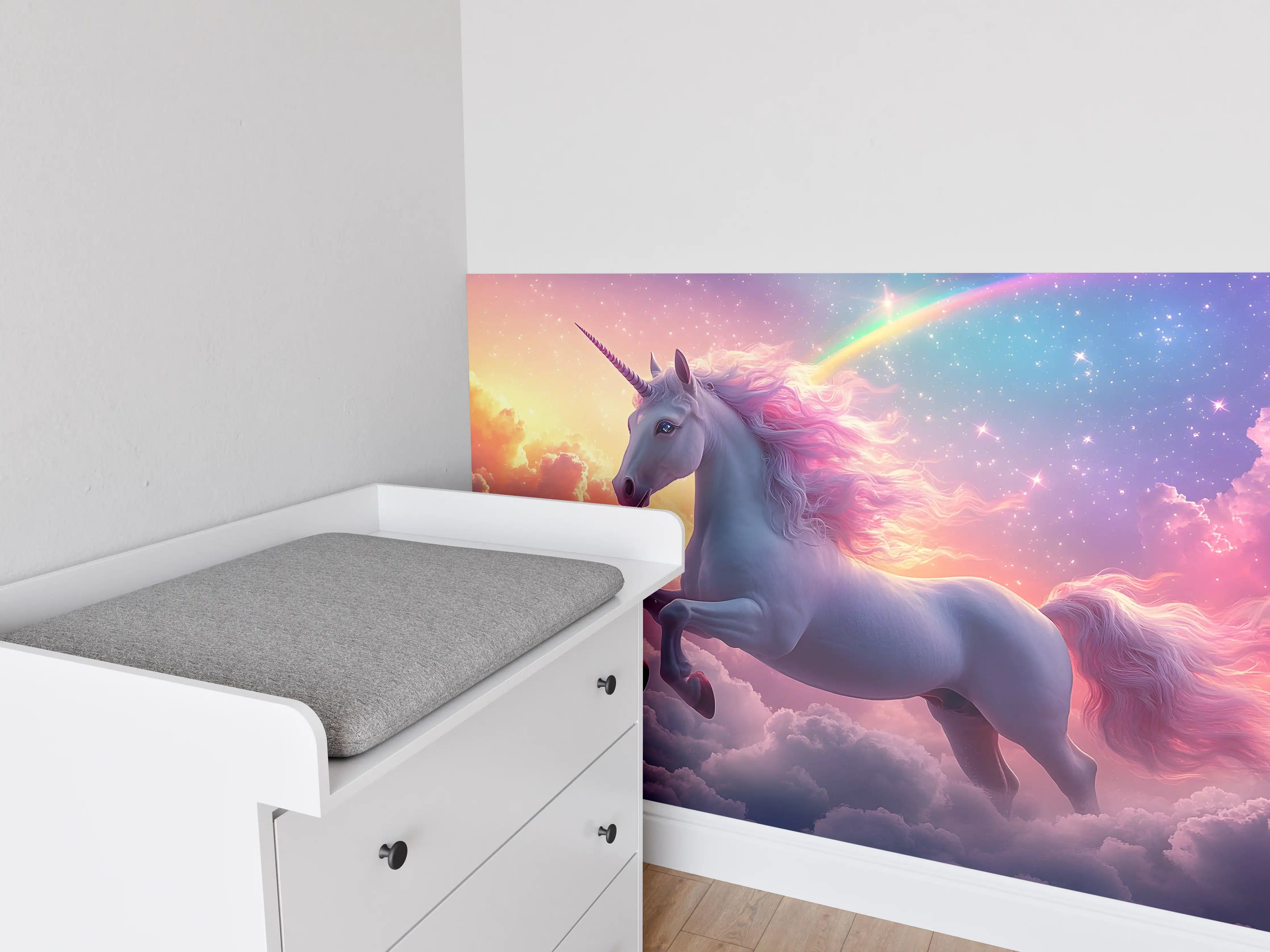 Babyzimmer Wandgestaltung - Majestischer Einhorn-Himmel mit Regenbogen