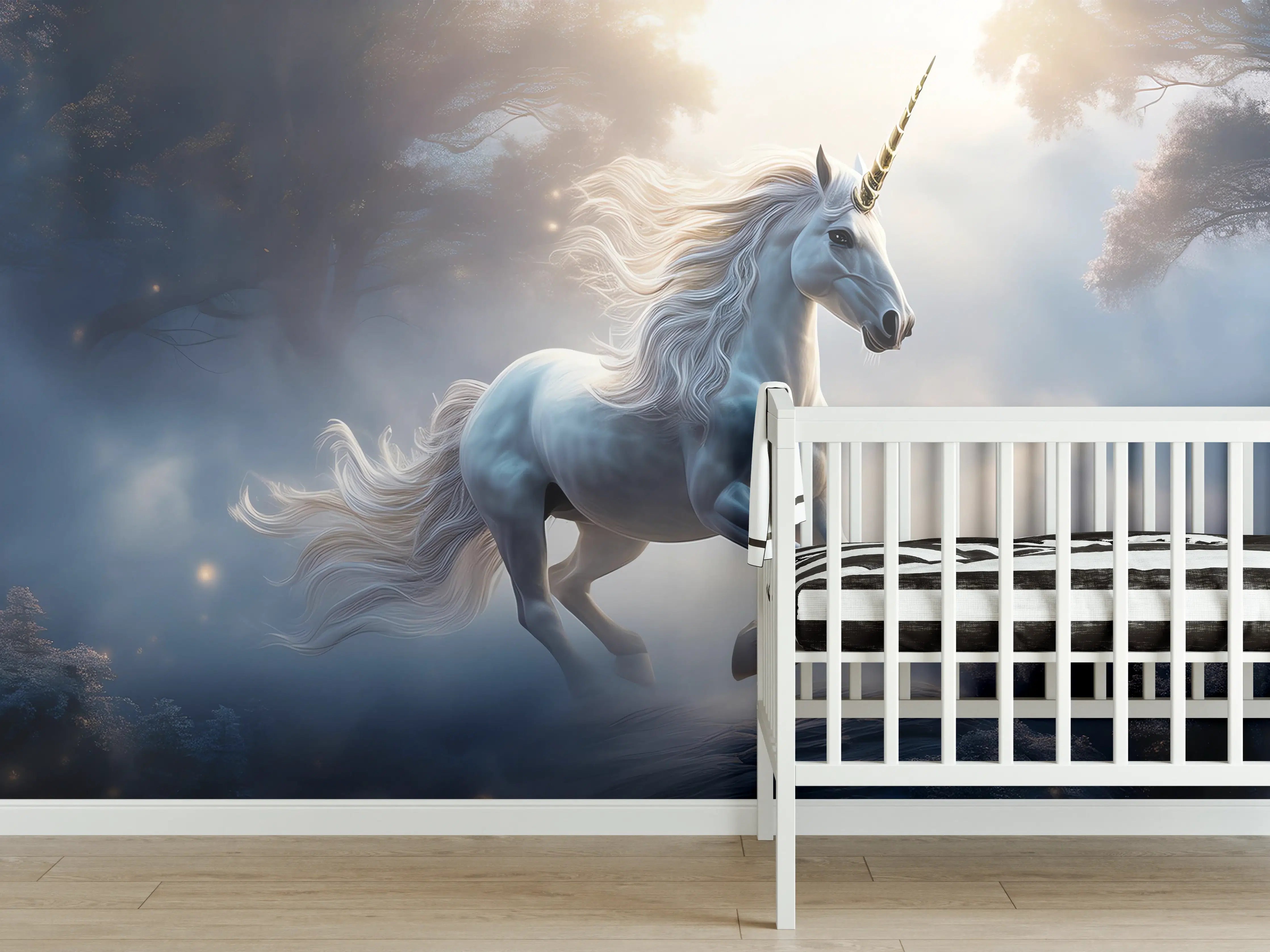 Babyzimmer Wandgestaltung - Majestischer Einhorn in mystischer Wolkenlandschaft