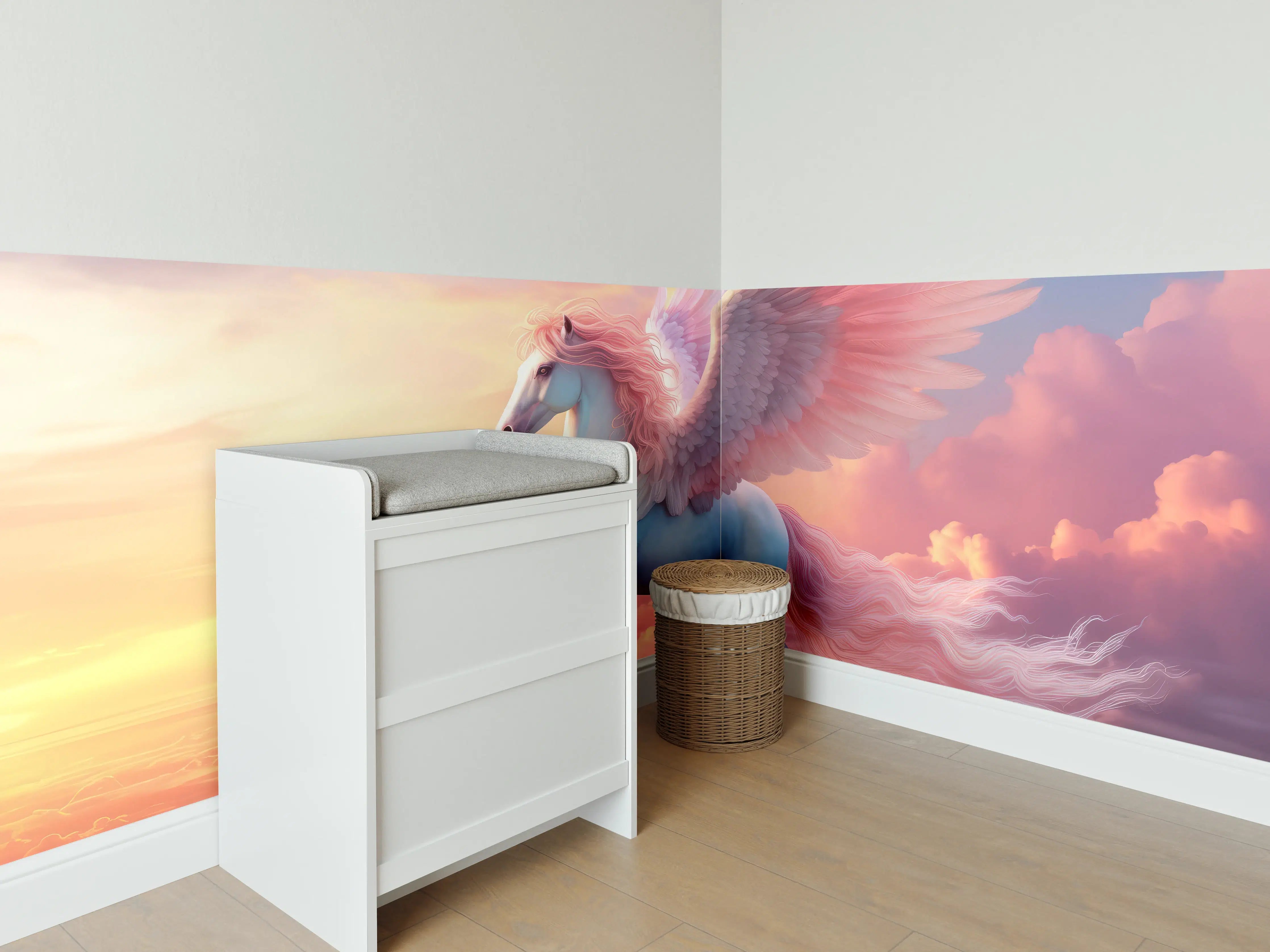 Babyzimmer Wandgestaltung - Majestischer Pegasus im Sonnenuntergang