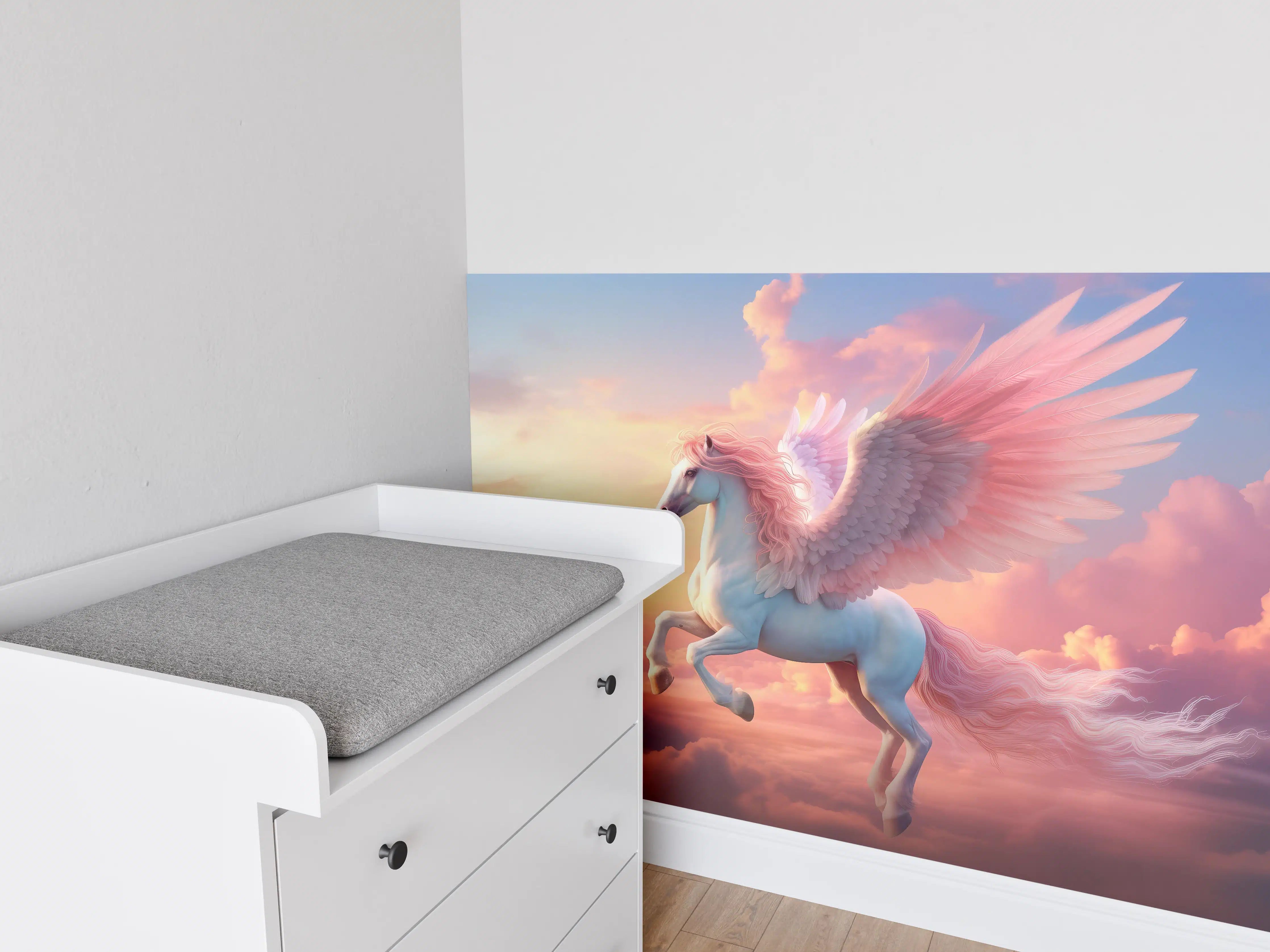 Babyzimmer Wandgestaltung - Majestischer Pegasus im Sonnenuntergang