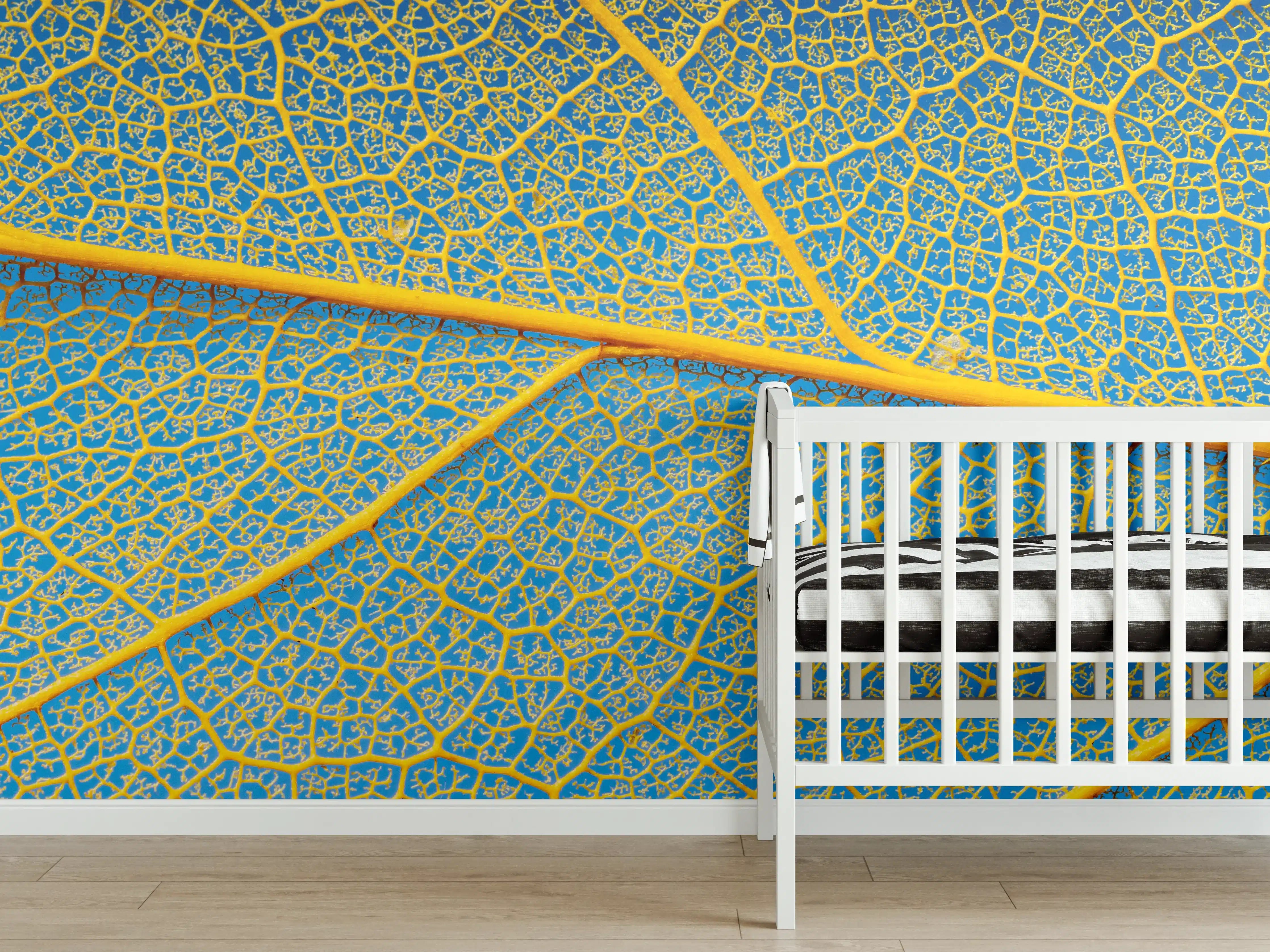 Babyzimmer Wandgestaltung - Makro Blattadern Textur Gelb-Blau