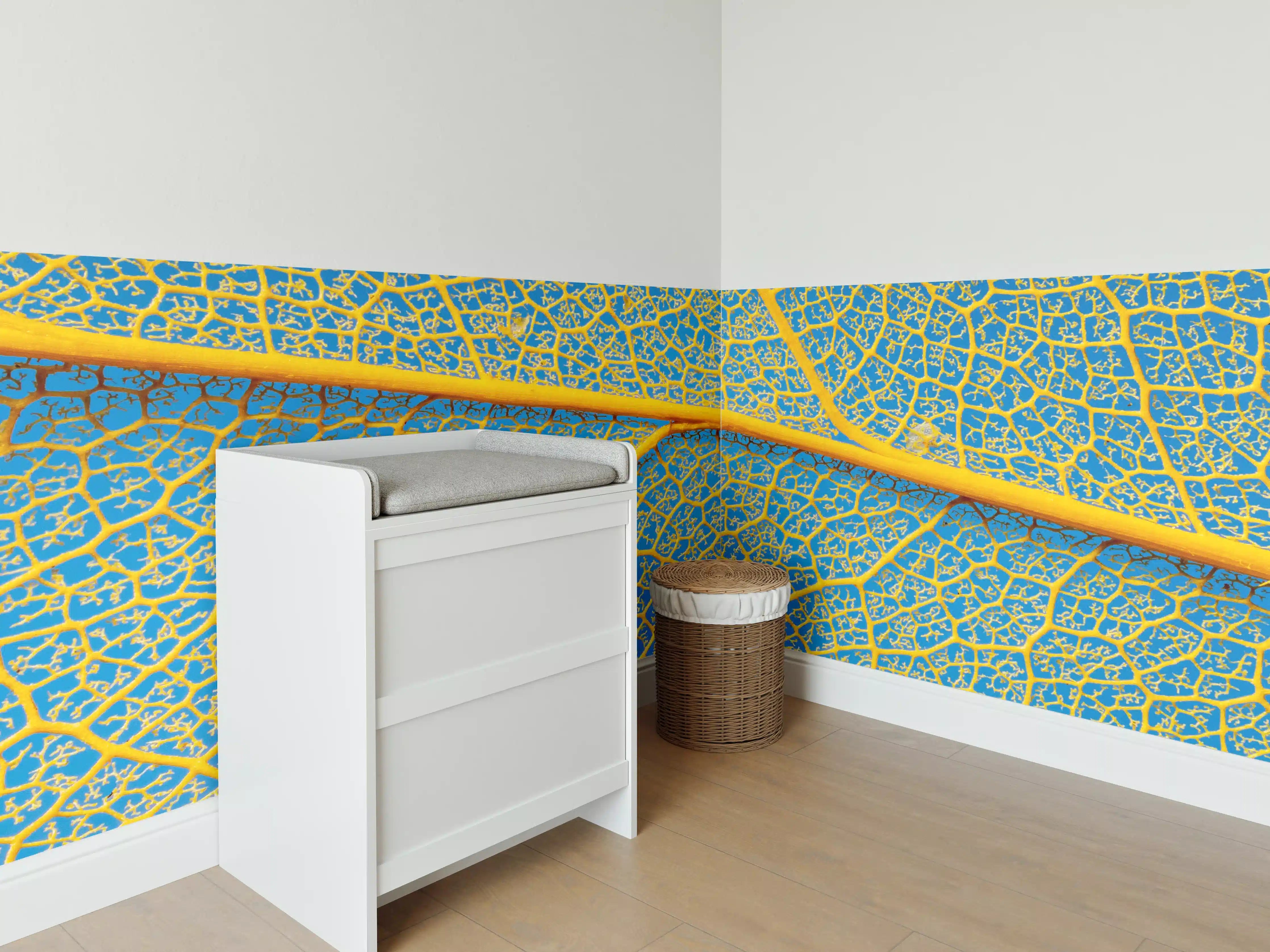 Babyzimmer Wandgestaltung - Makro Blattadern Textur Gelb-Blau