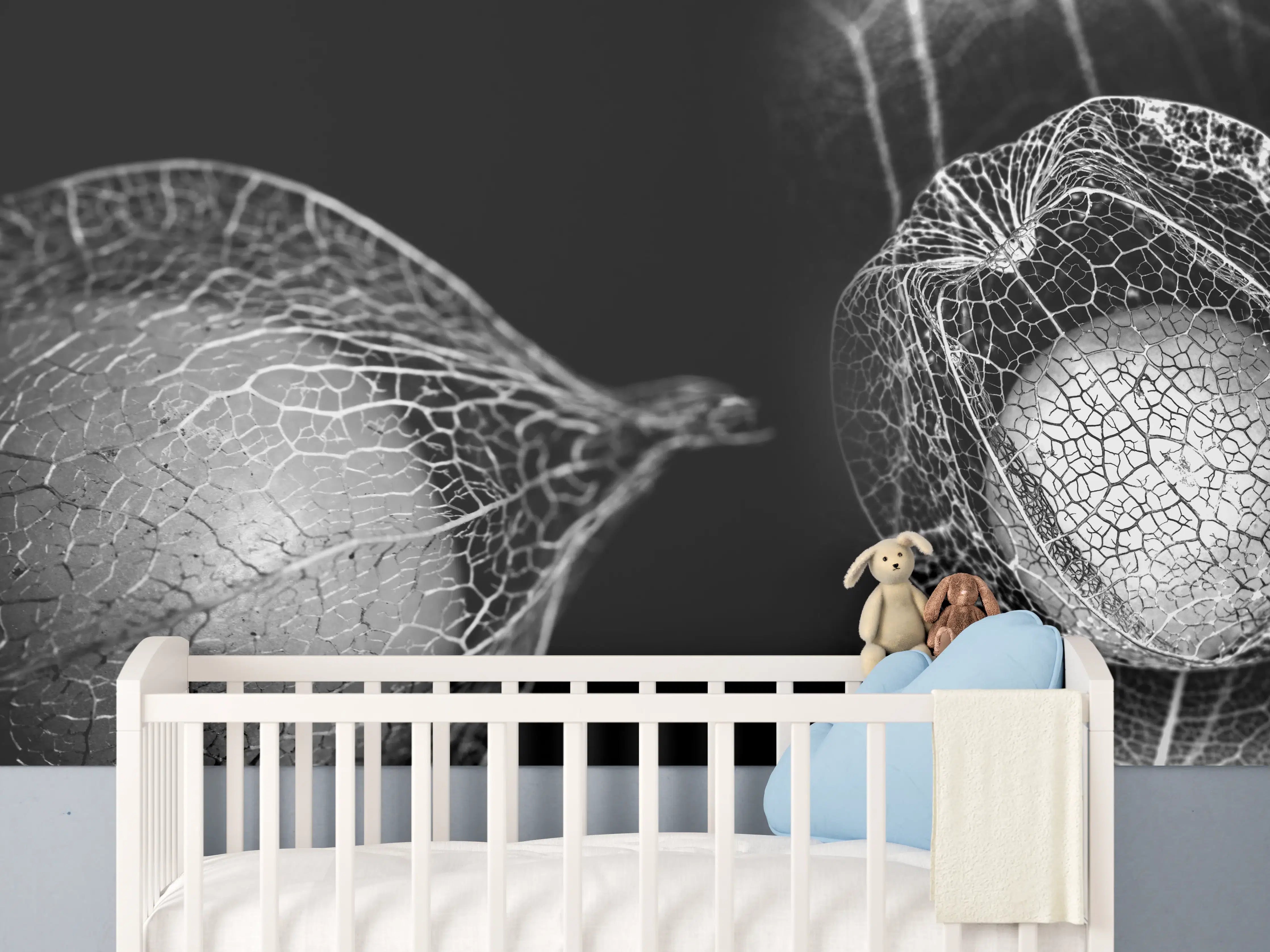 Babyzimmer Wandgestaltung - Makro-Detail Pflanzennetz Grau