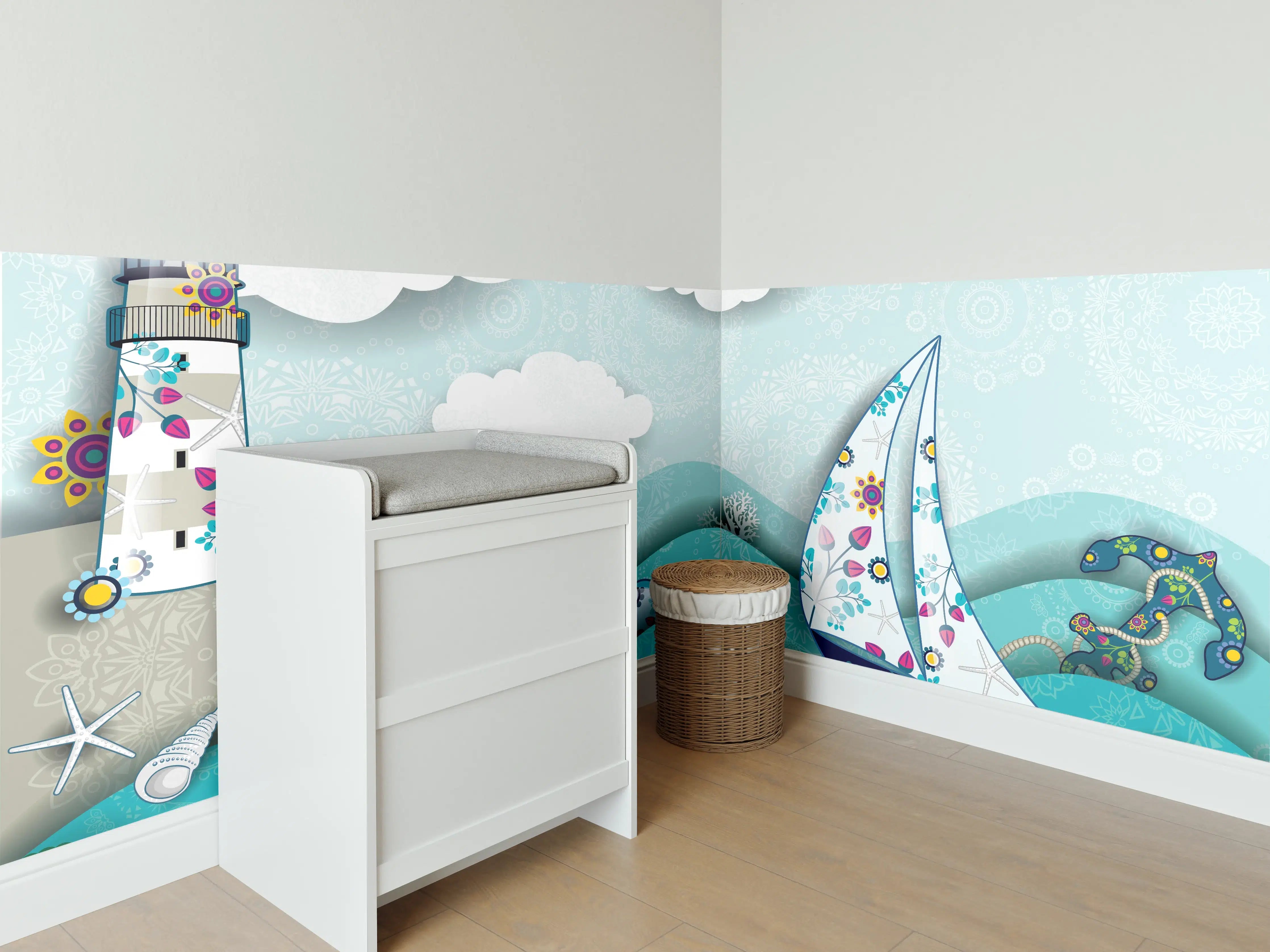 Babyzimmer Wandgestaltung - Marines Motiv mit Leuchtturm und Boot