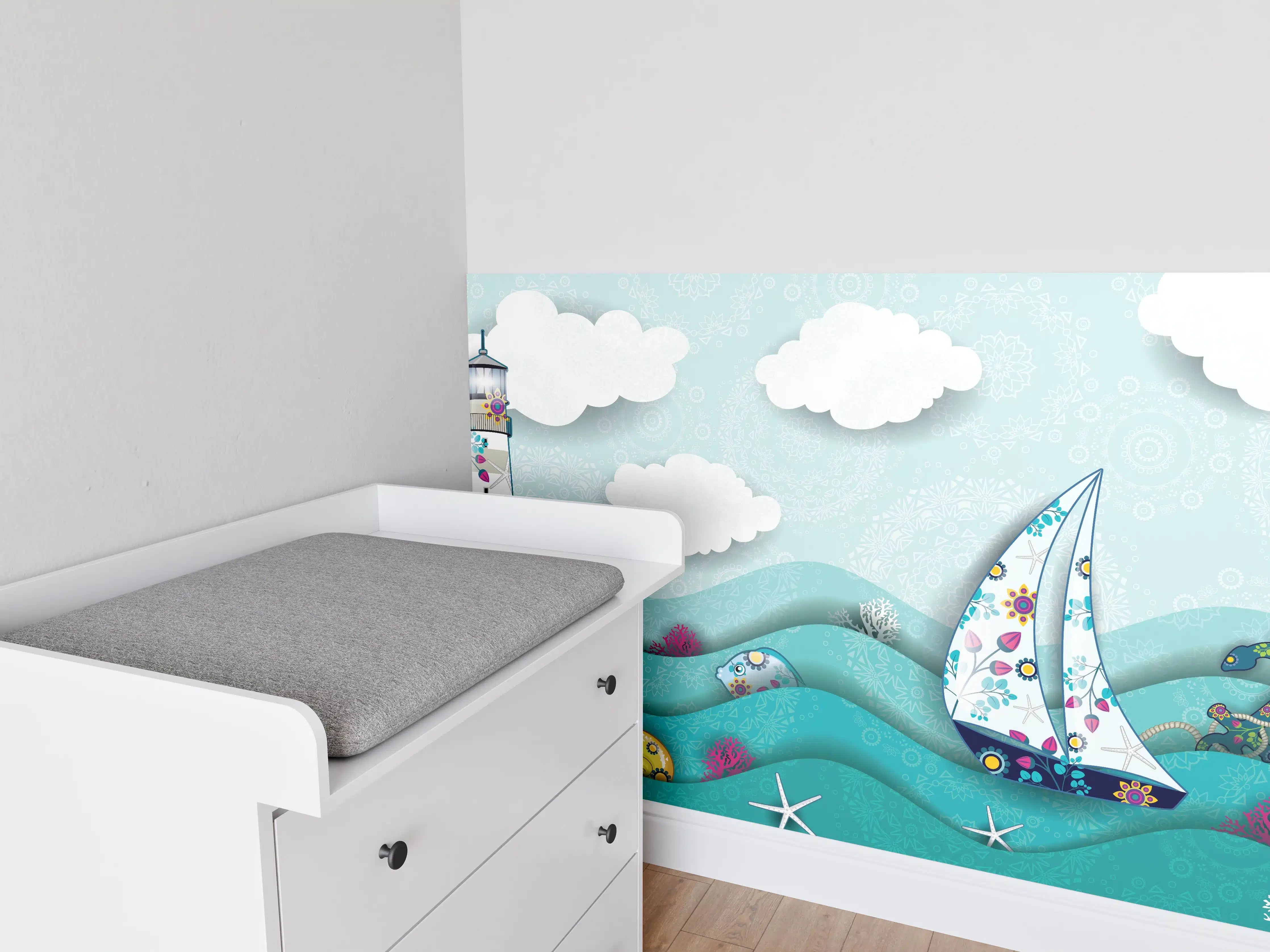 Babyzimmer Wandgestaltung - Marines Motiv mit Leuchtturm und Boot
