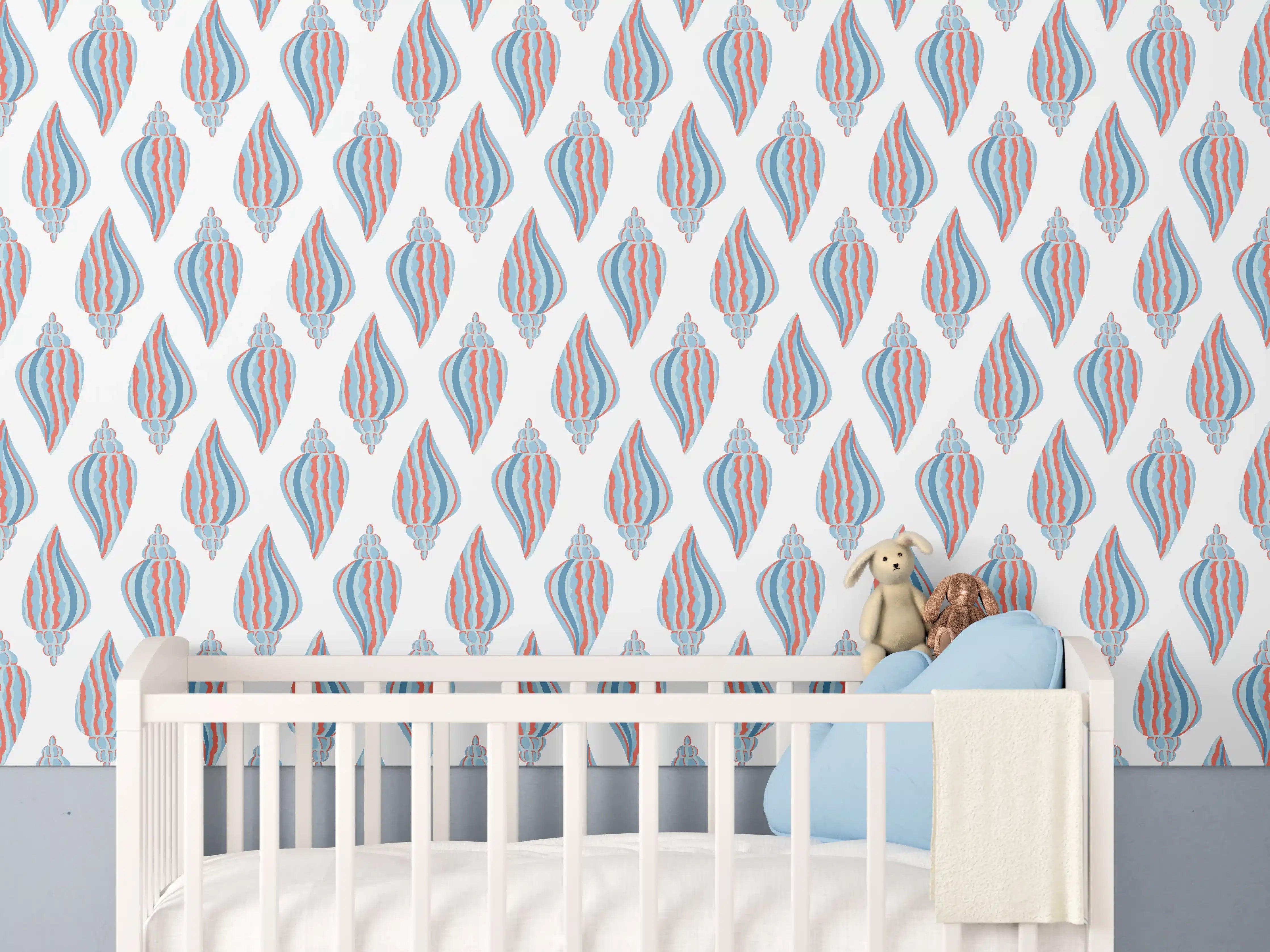 Babyzimmer Wandgestaltung - Maritime Muscheln Weiß-Blau-Rot