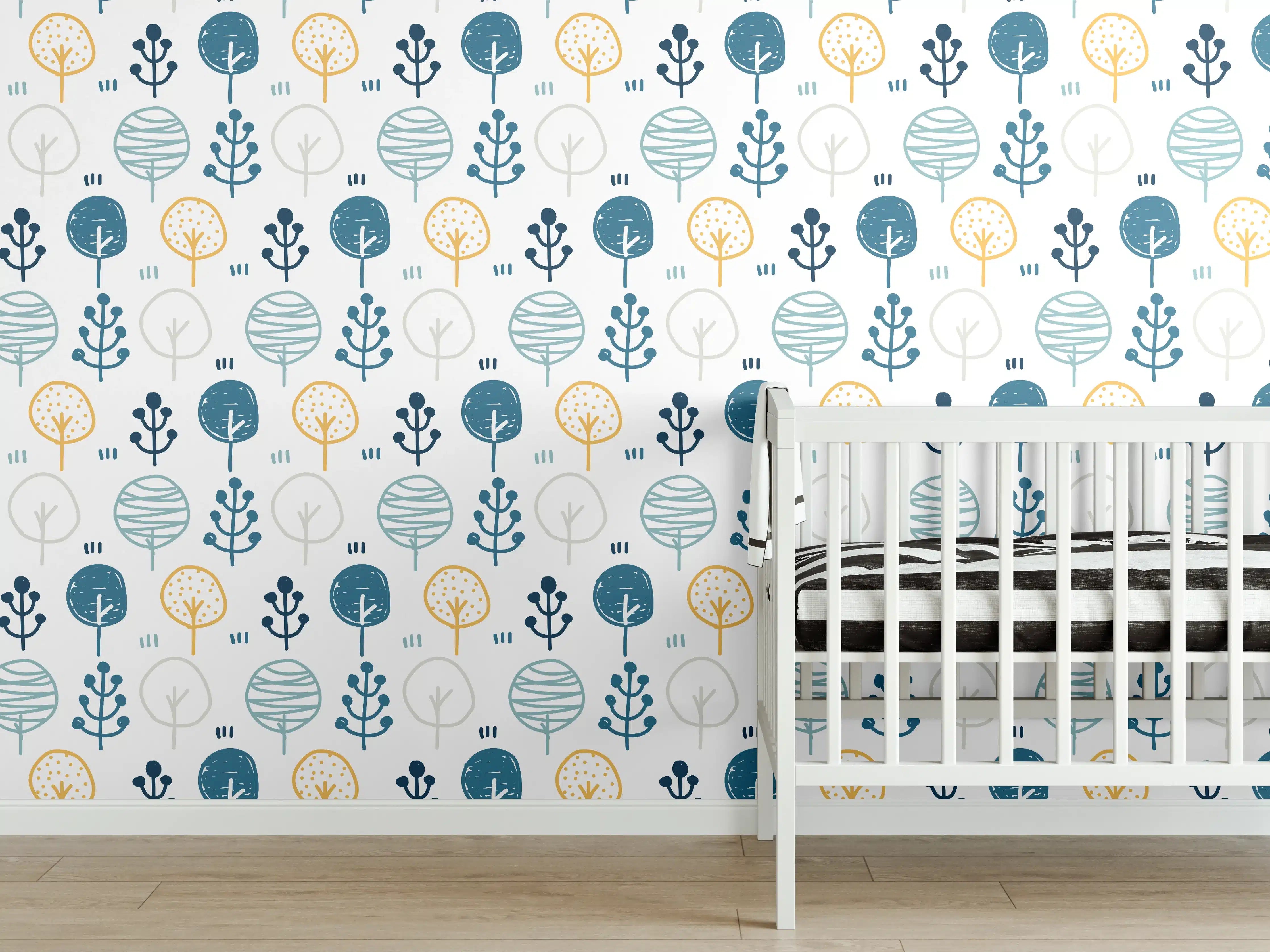 Babyzimmer Wandgestaltung - Maritimes Blau-Gelb Musterdesign