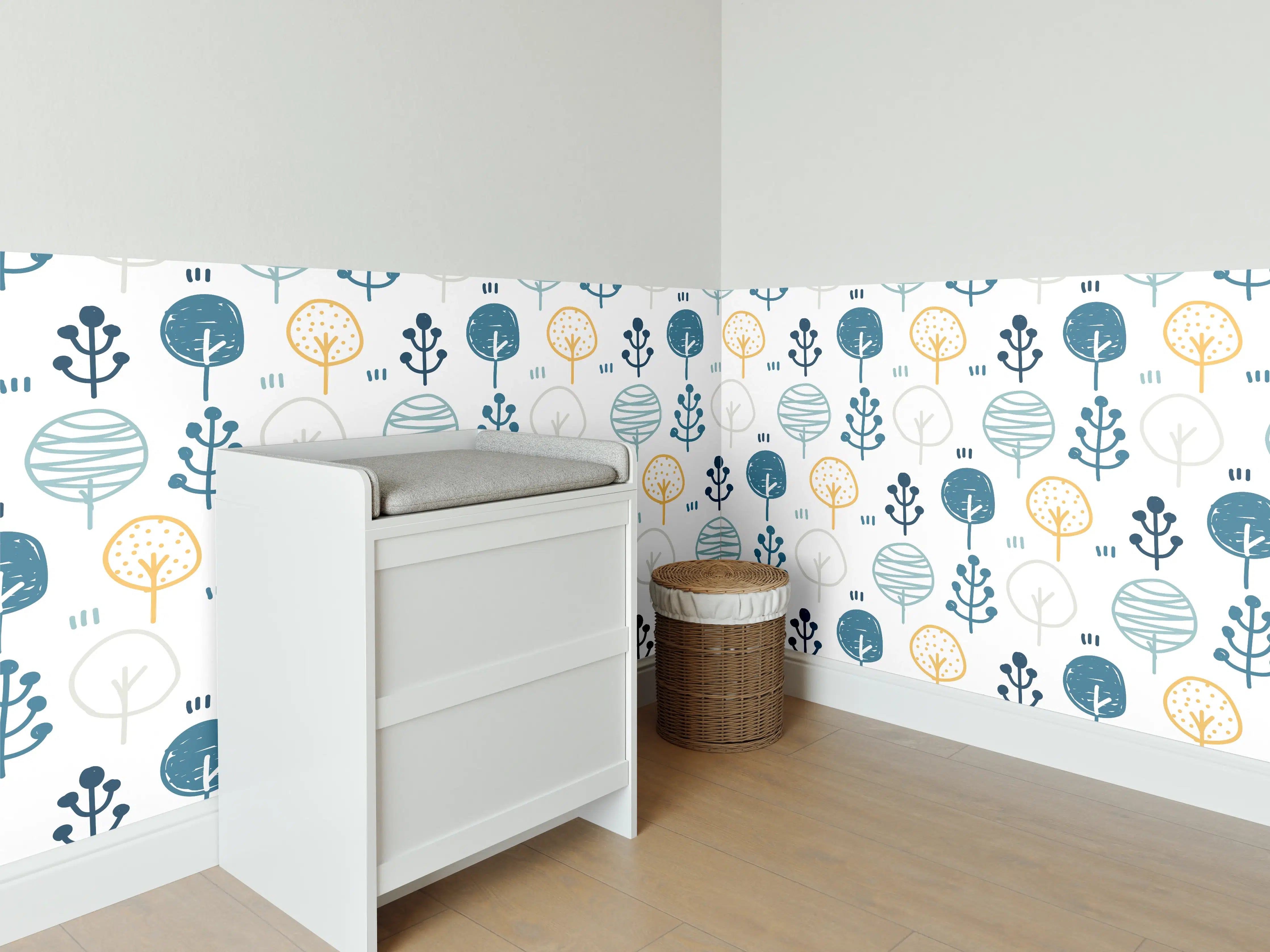 Babyzimmer Wandgestaltung - Maritimes Blau-Gelb Musterdesign