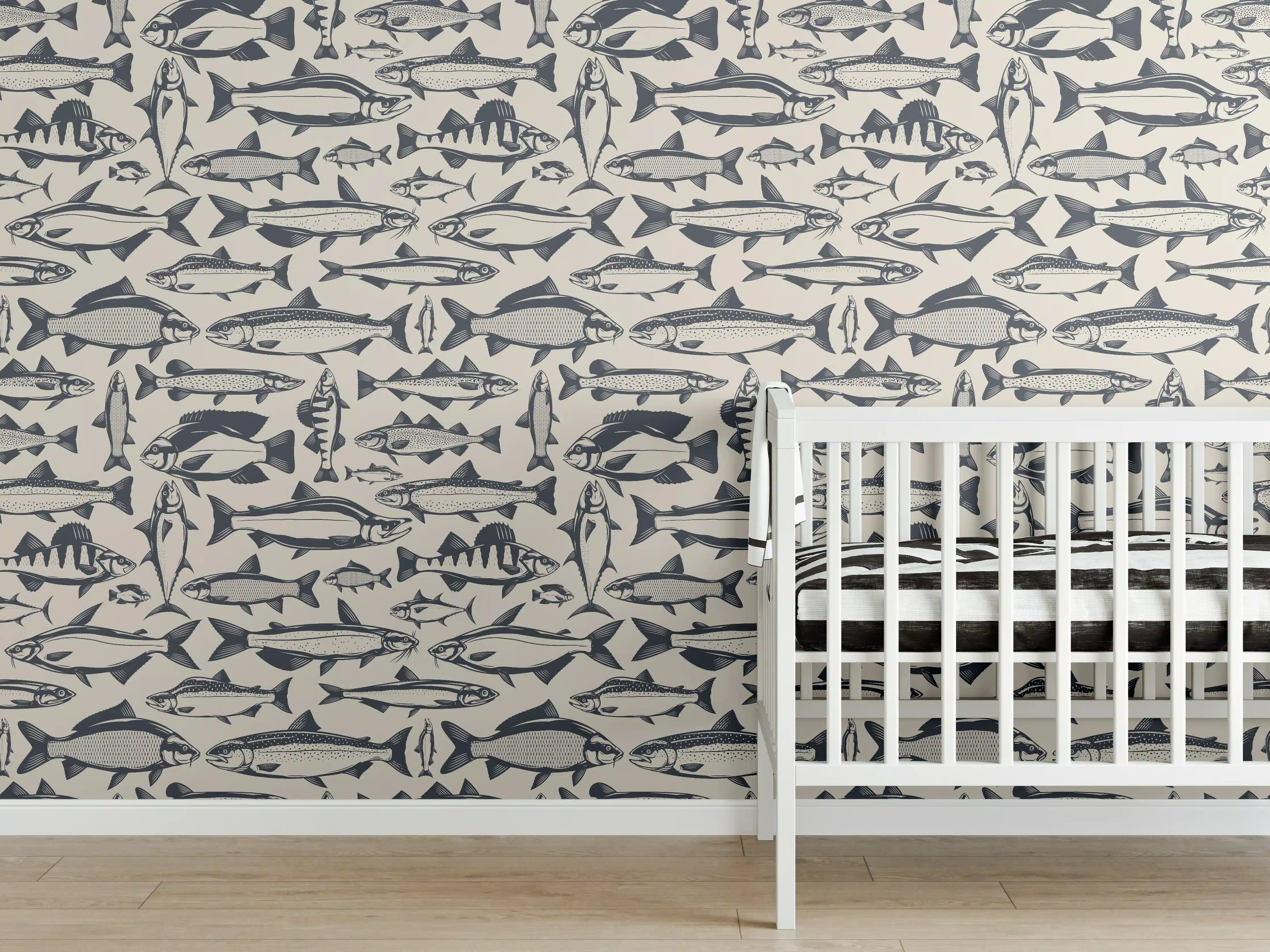 Babyzimmer Wandgestaltung - Maritimes Fischmuster Beige-Blau