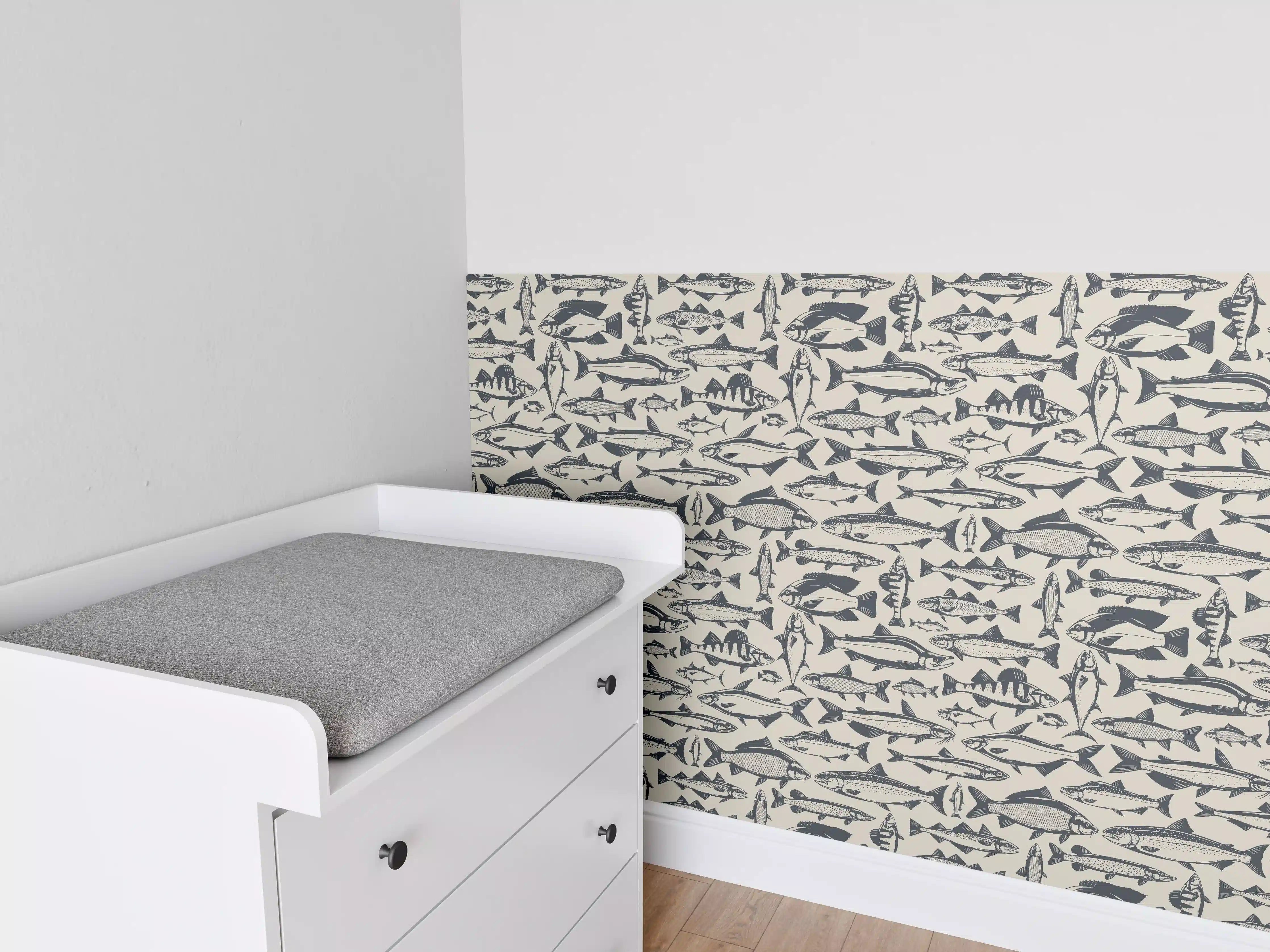 Babyzimmer Wandgestaltung - Maritimes Fischmuster Beige-Blau
