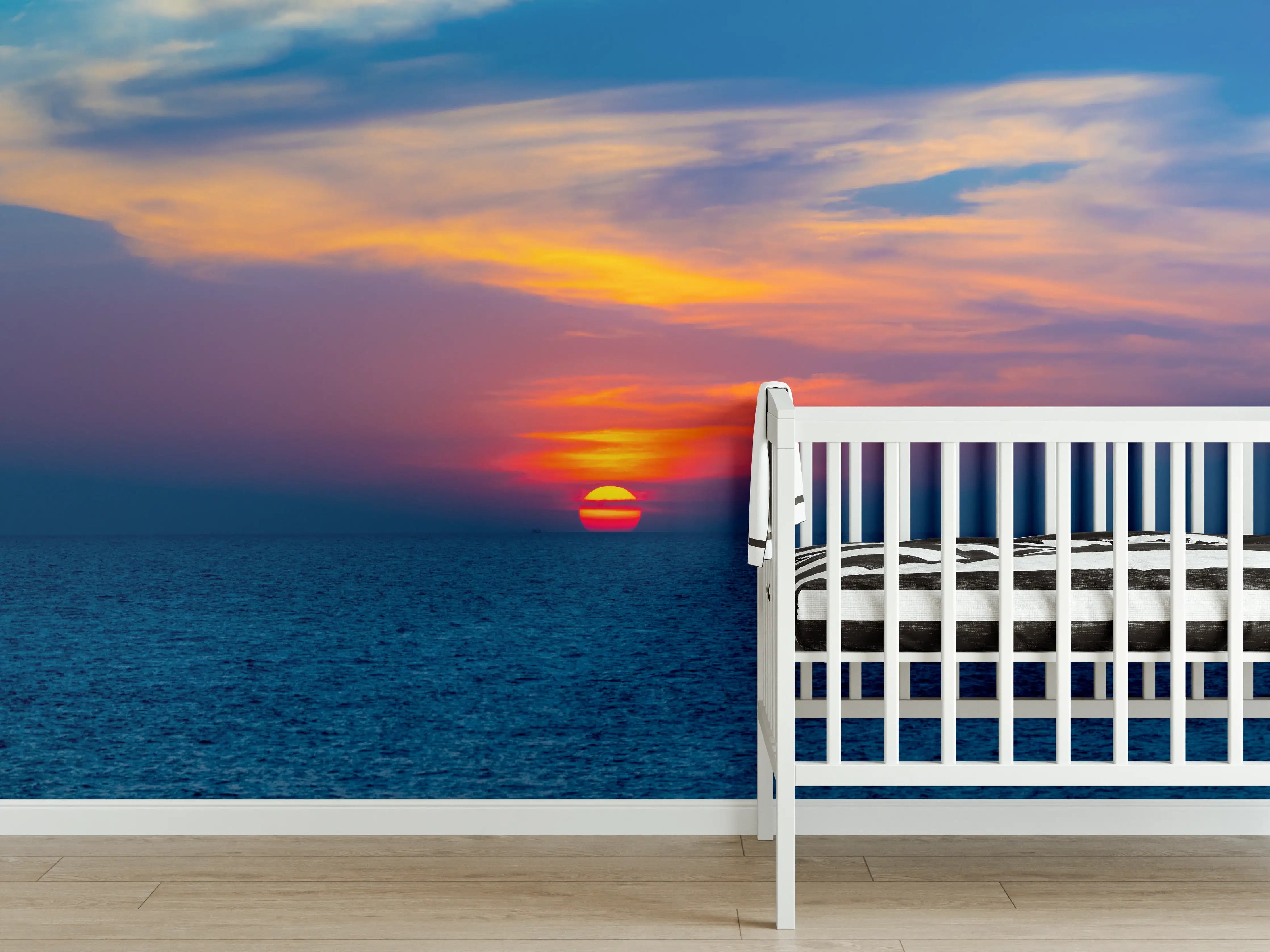 Babyzimmer Wandgestaltung - Meer-Sonnenuntergang Blau-Orange