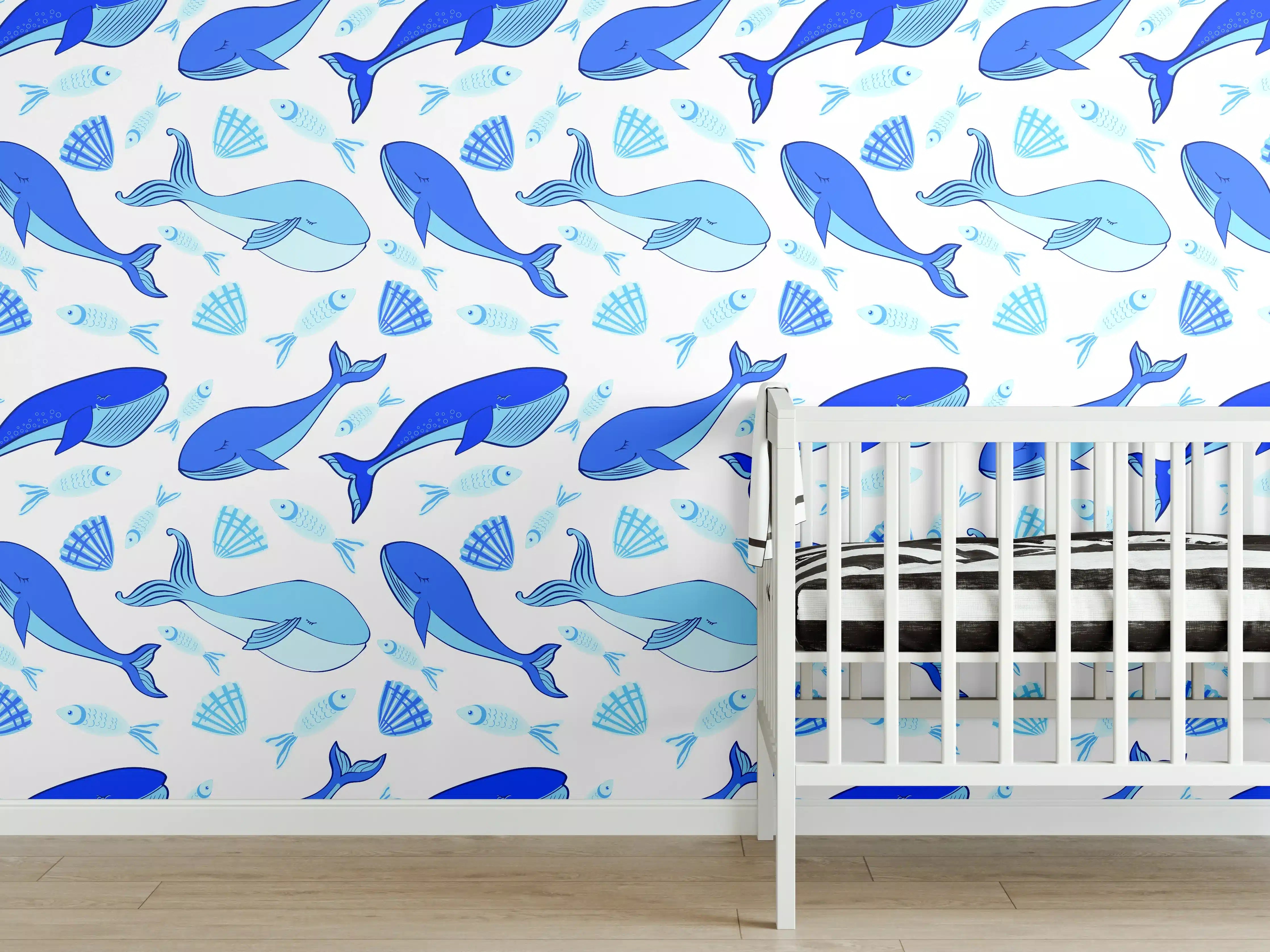 Babyzimmer Wandgestaltung - Meereswelt mit Delfinen und Muscheln in Blau