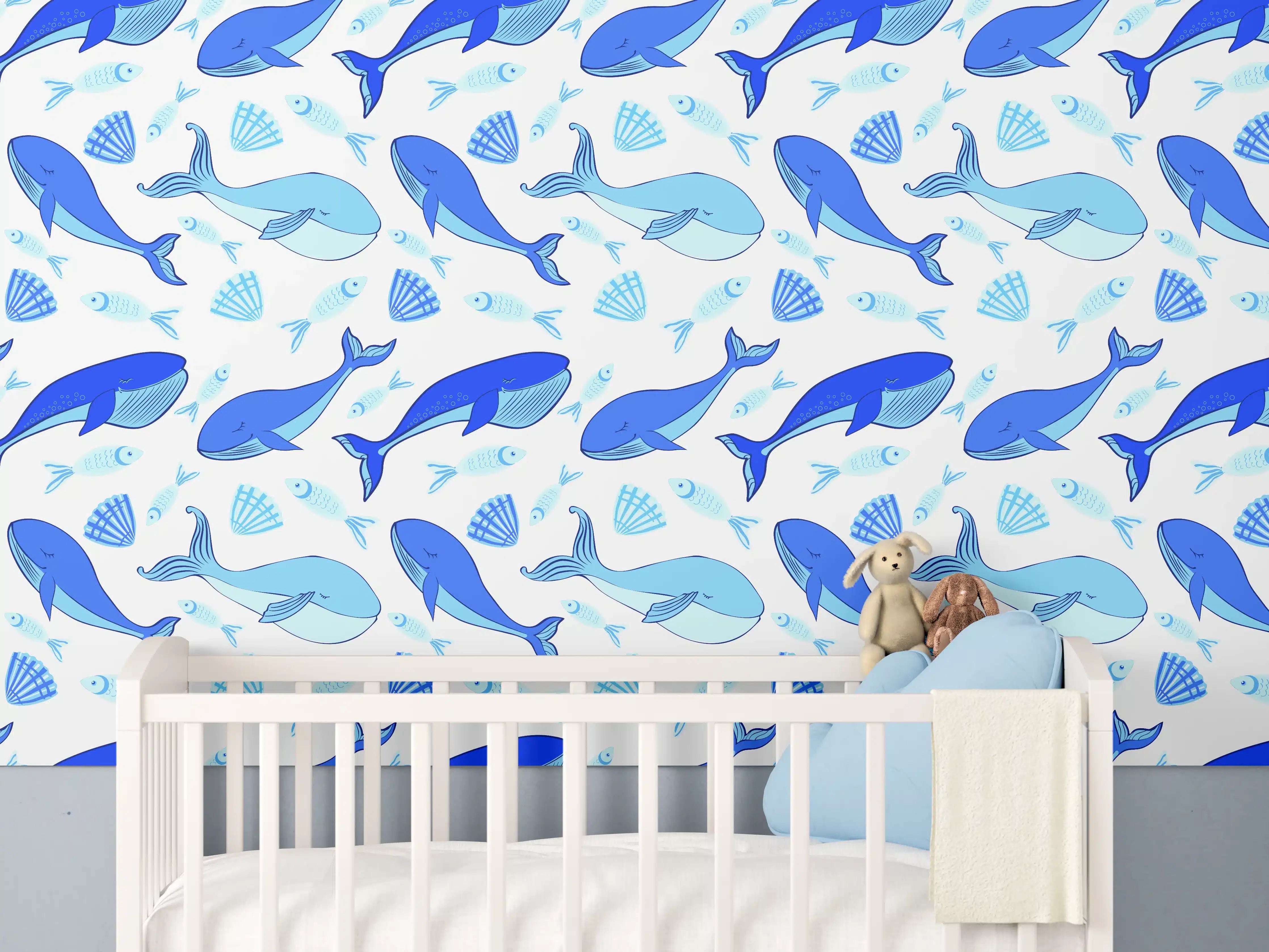 Babyzimmer Wandgestaltung - Meereswelt mit Delfinen und Muscheln in Blau