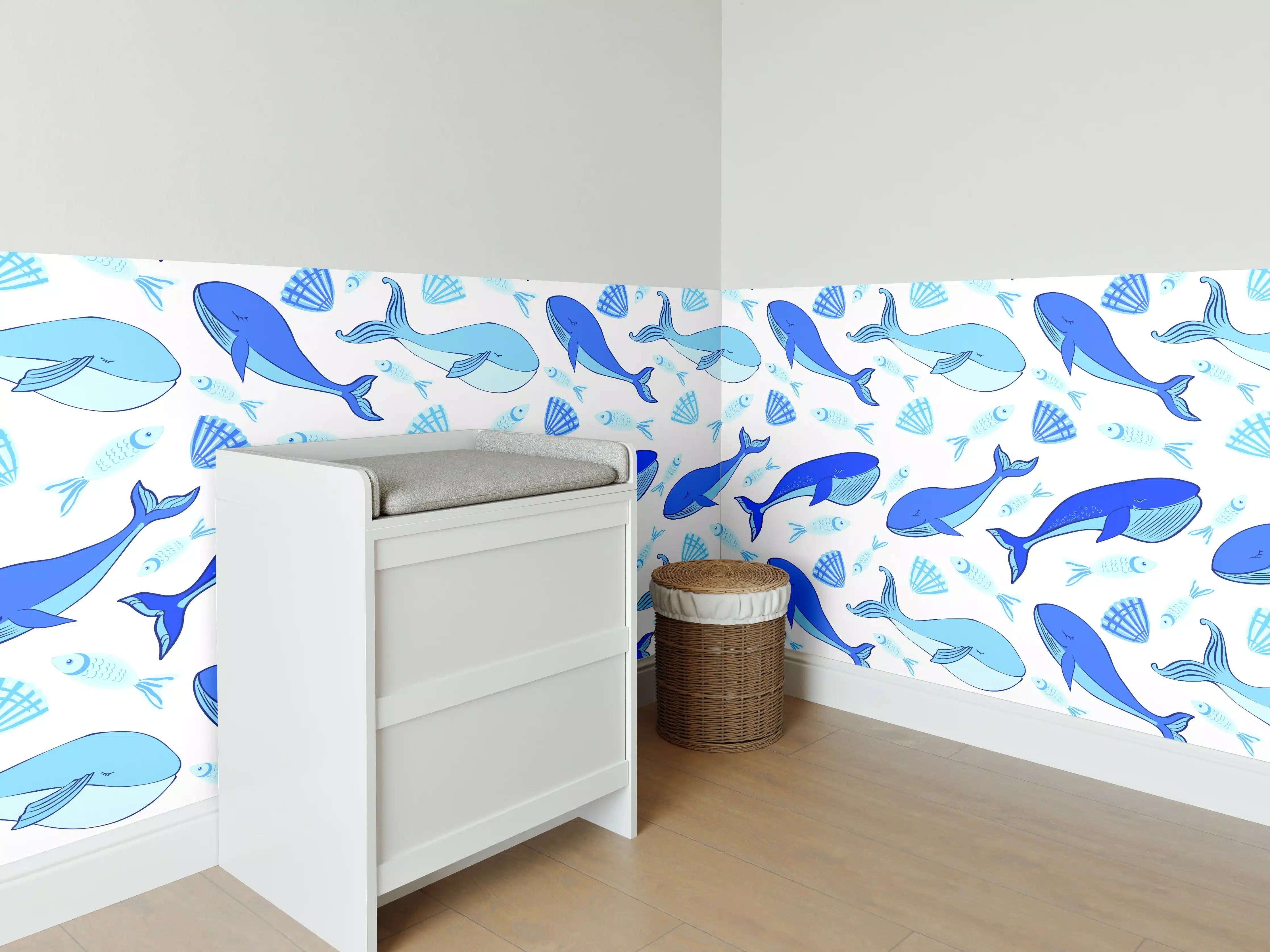Babyzimmer Wandgestaltung - Meereswelt mit Delfinen und Muscheln in Blau