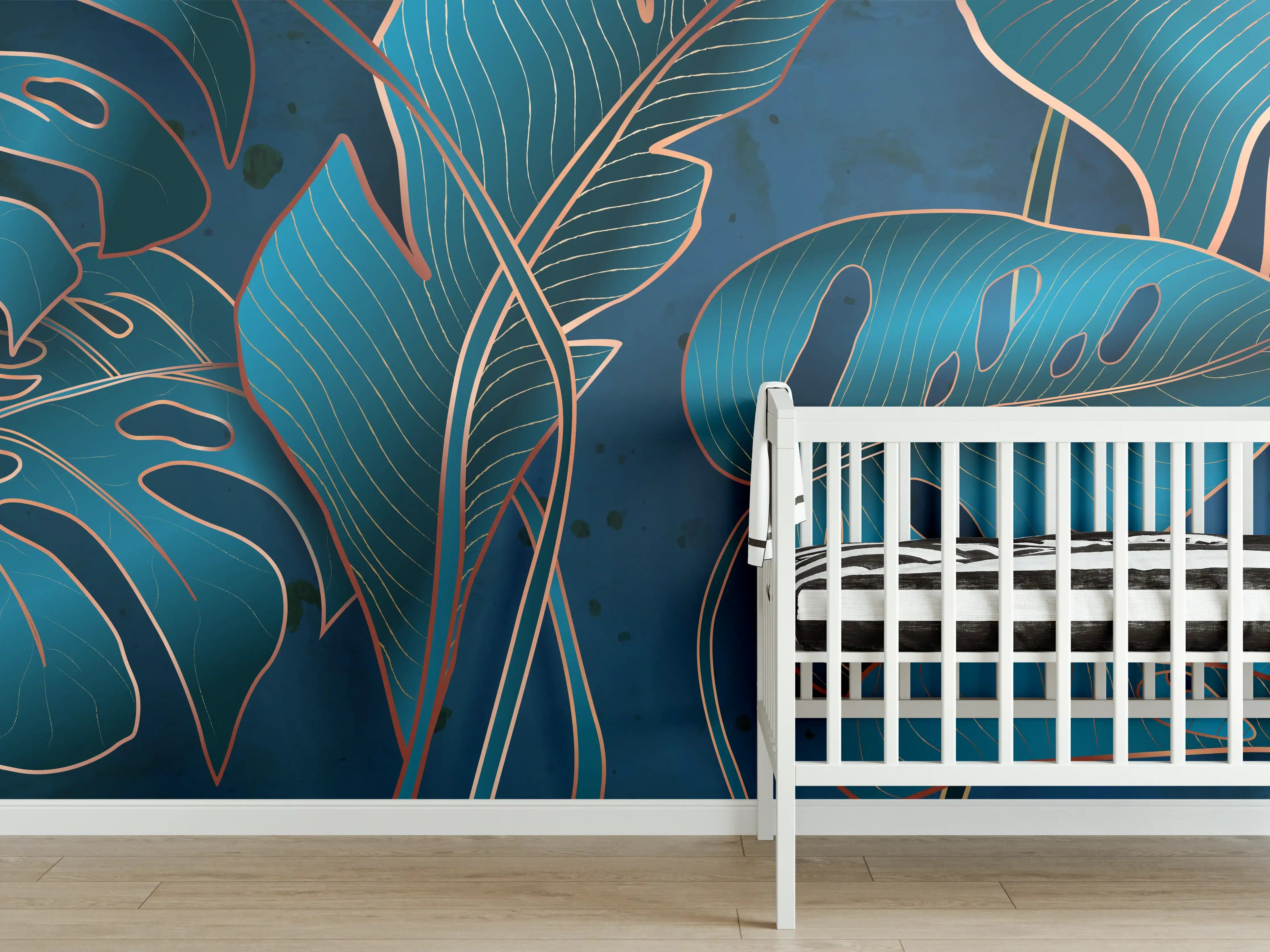Babyzimmer Wandgestaltung - Metallisch-blaues Pflanzenmuster
