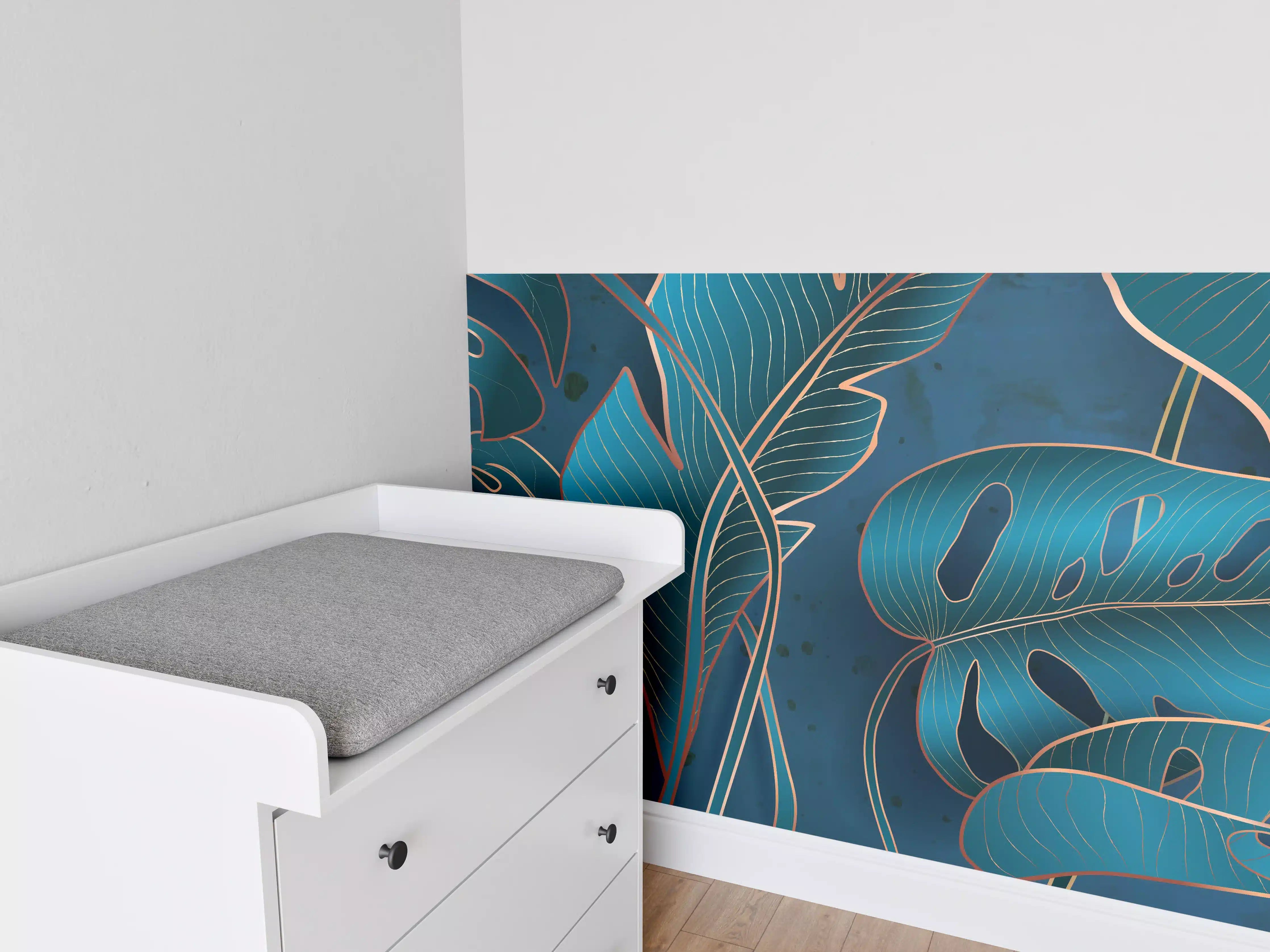 Babyzimmer Wandgestaltung - Metallisch-blaues Pflanzenmuster