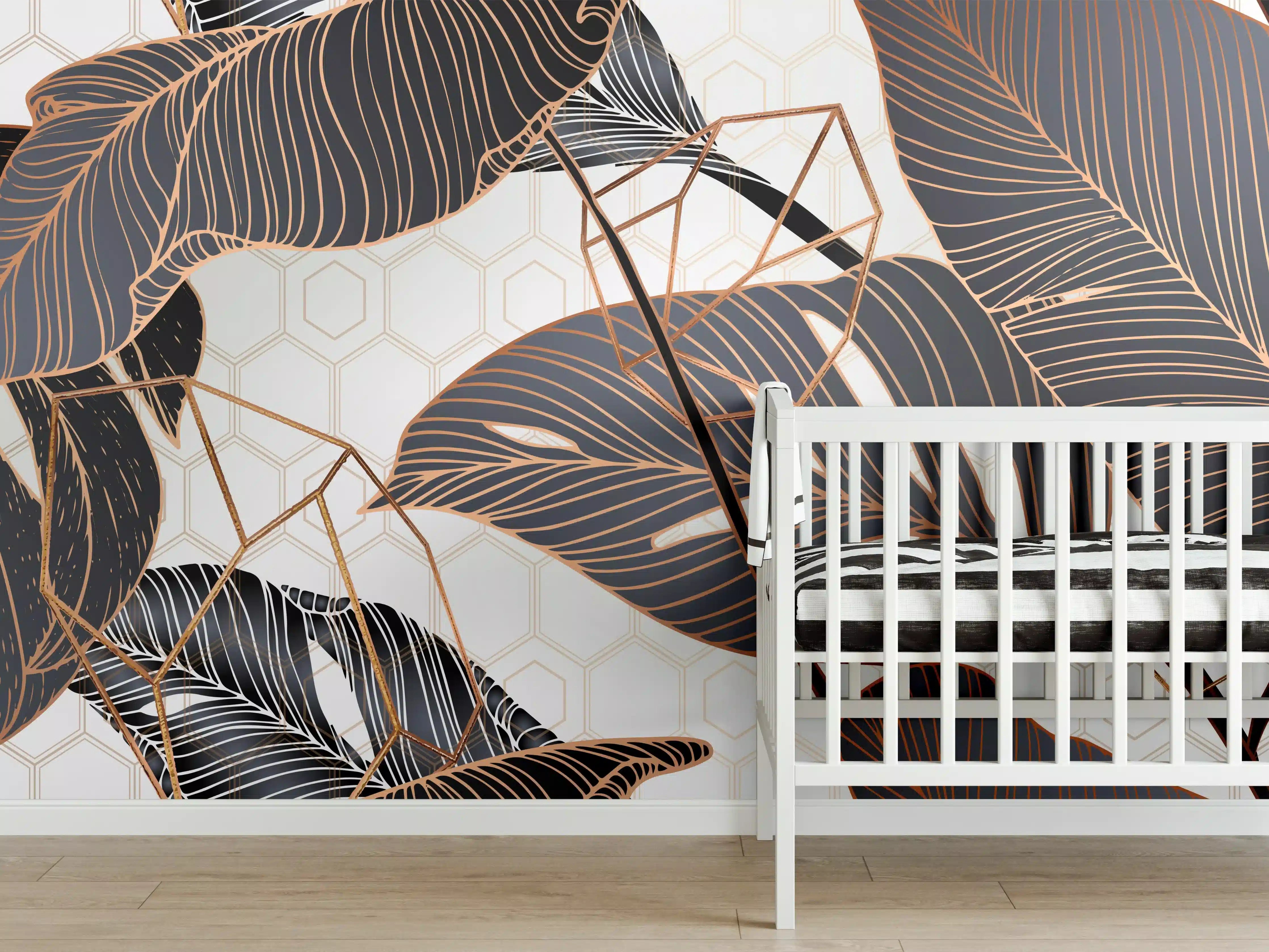 Babyzimmer Wandgestaltung - Metallische Blatt-Muster Tapete