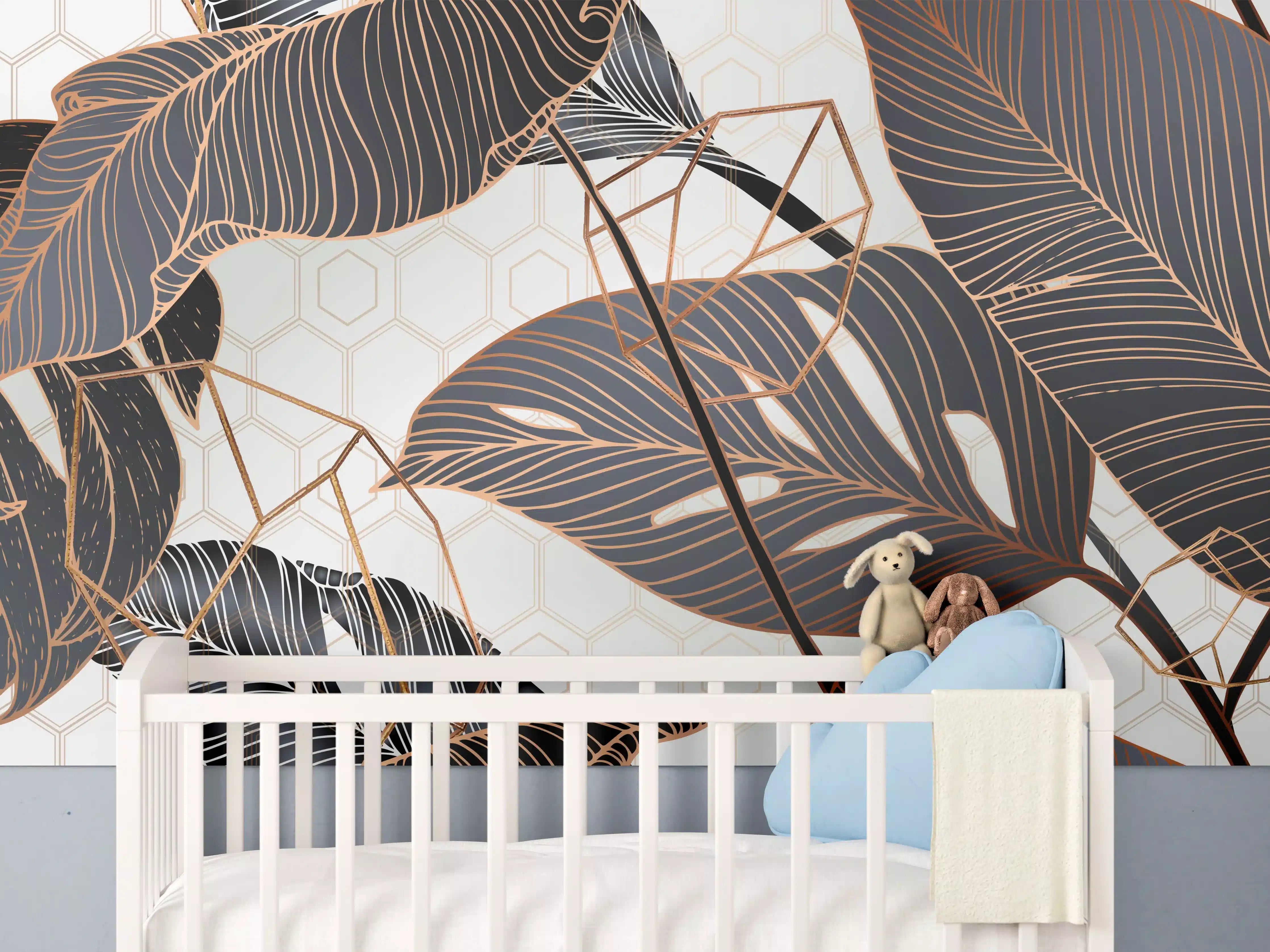 Babyzimmer Wandgestaltung - Metallische Blatt-Muster Tapete