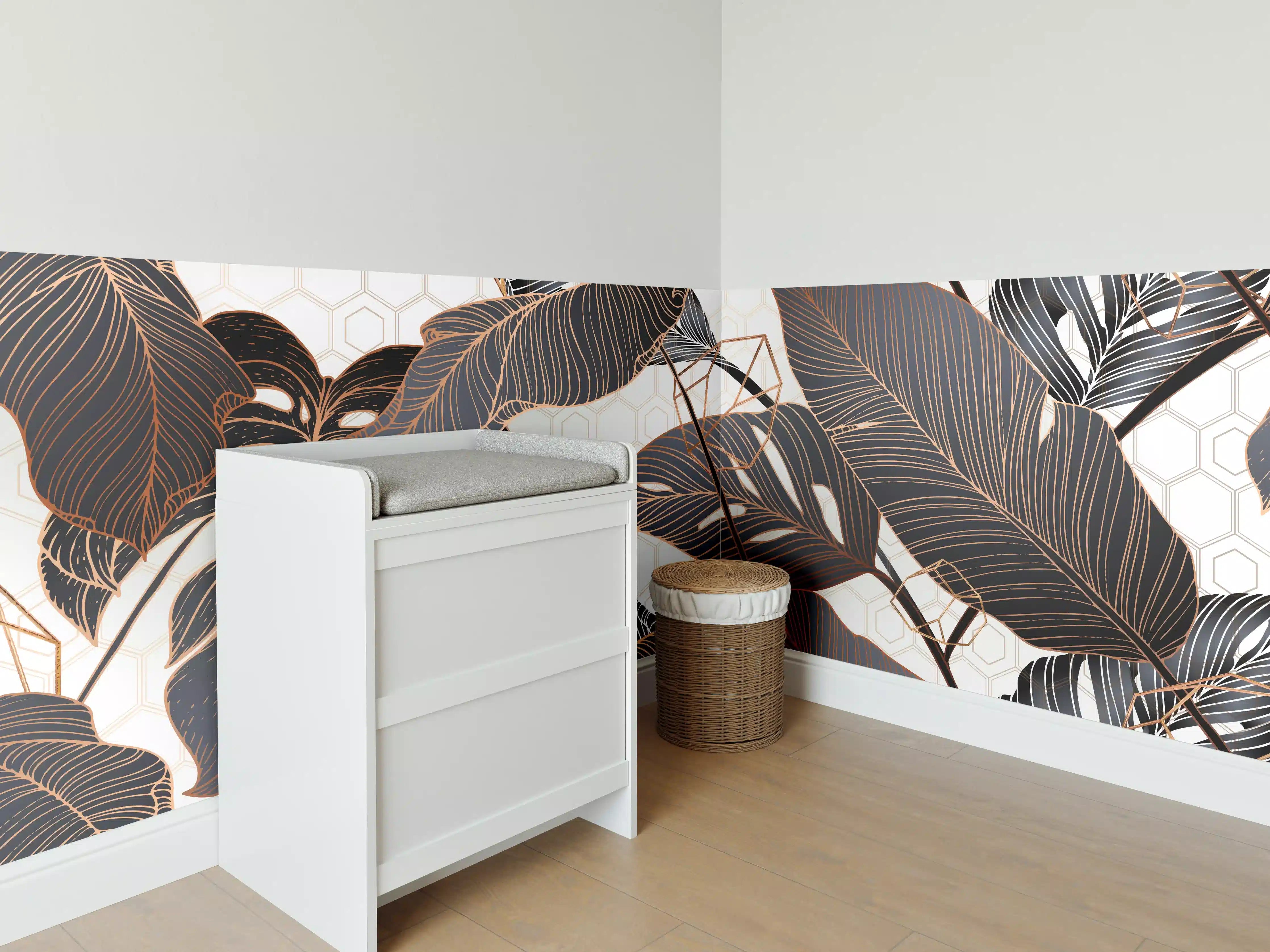 Babyzimmer Wandgestaltung - Metallische Blatt-Muster Tapete