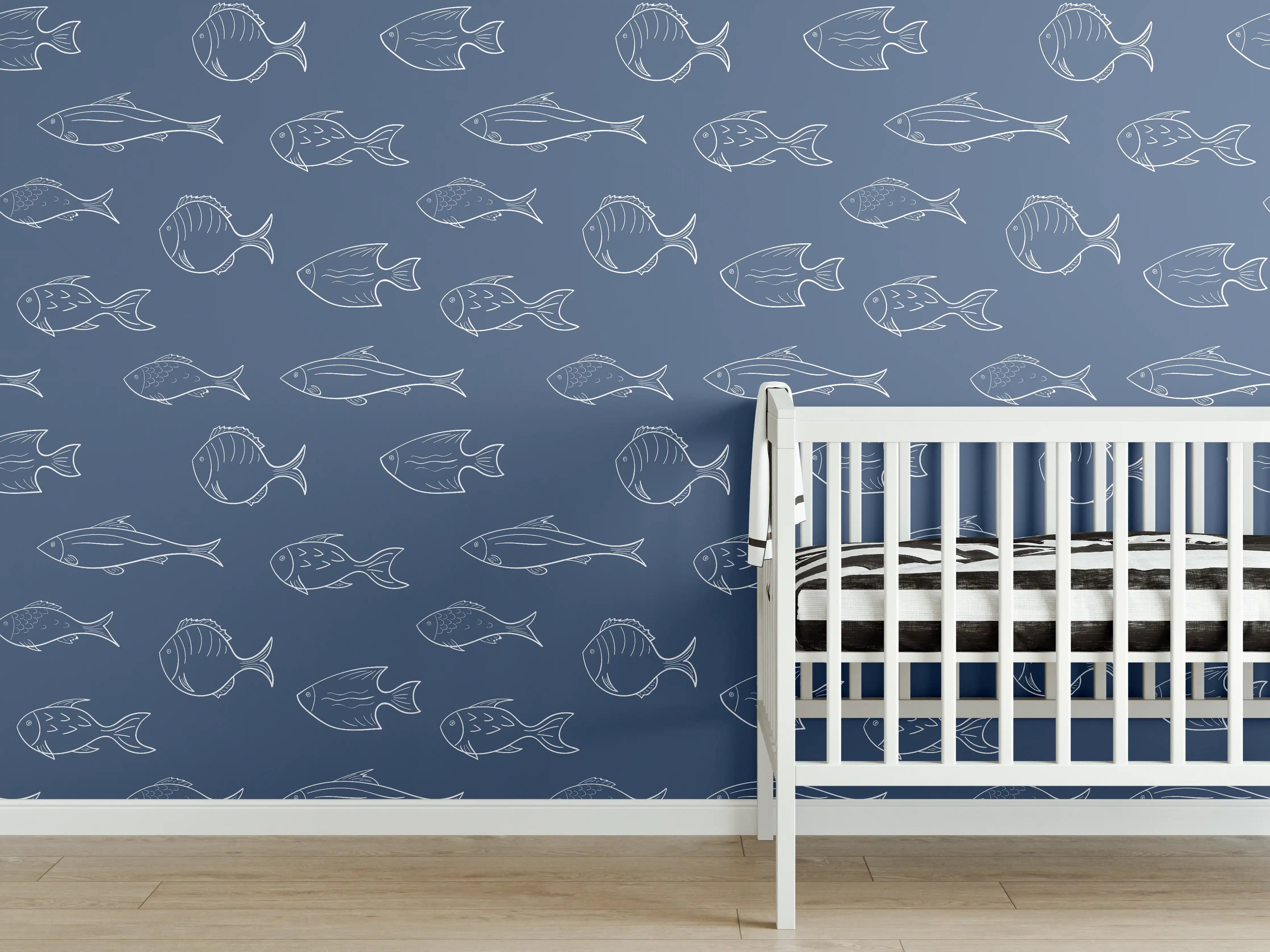 Babyzimmer Wandgestaltung - Minimal Fischmuster Blau