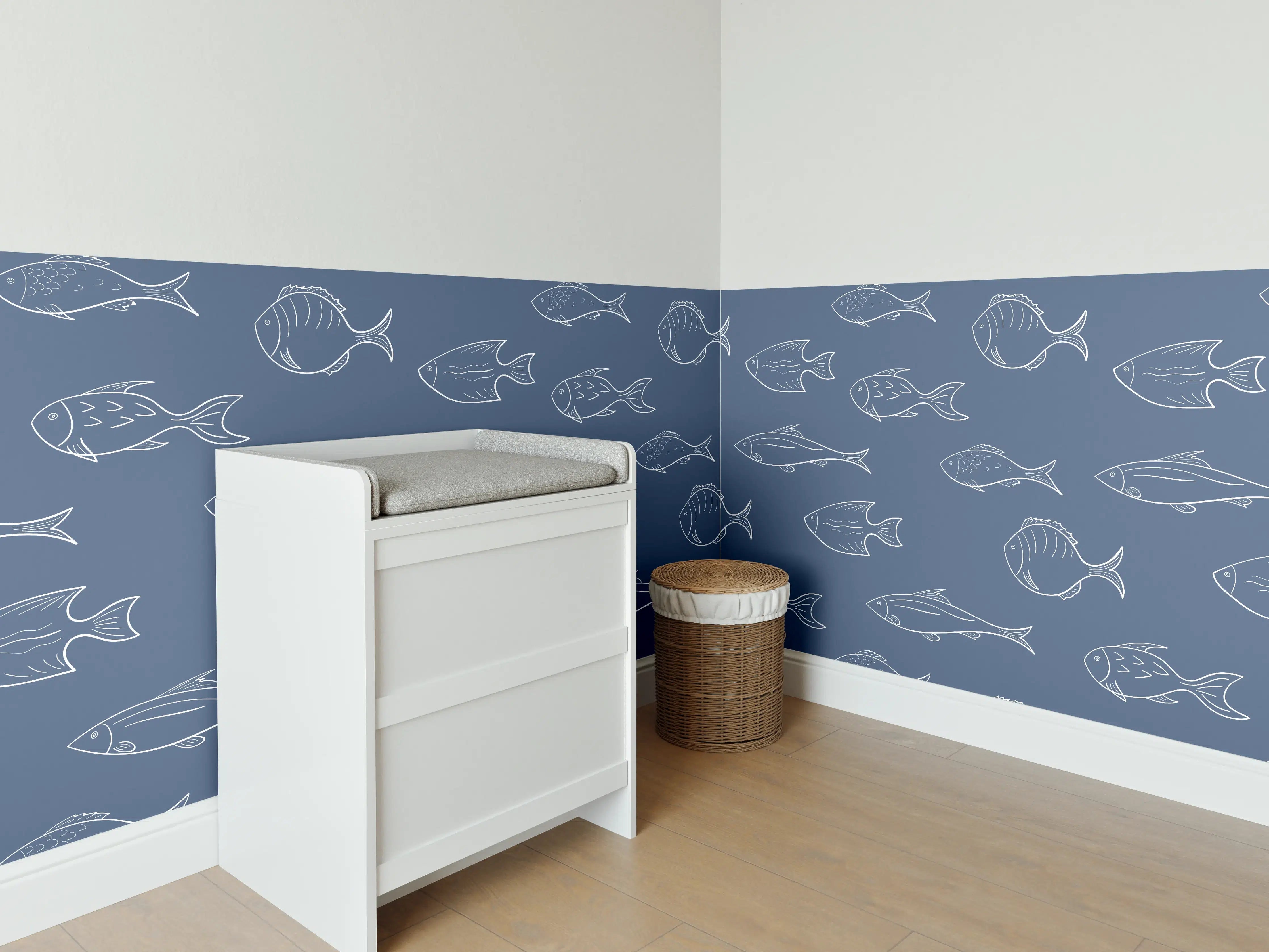 Babyzimmer Wandgestaltung - Minimal Fischmuster Blau