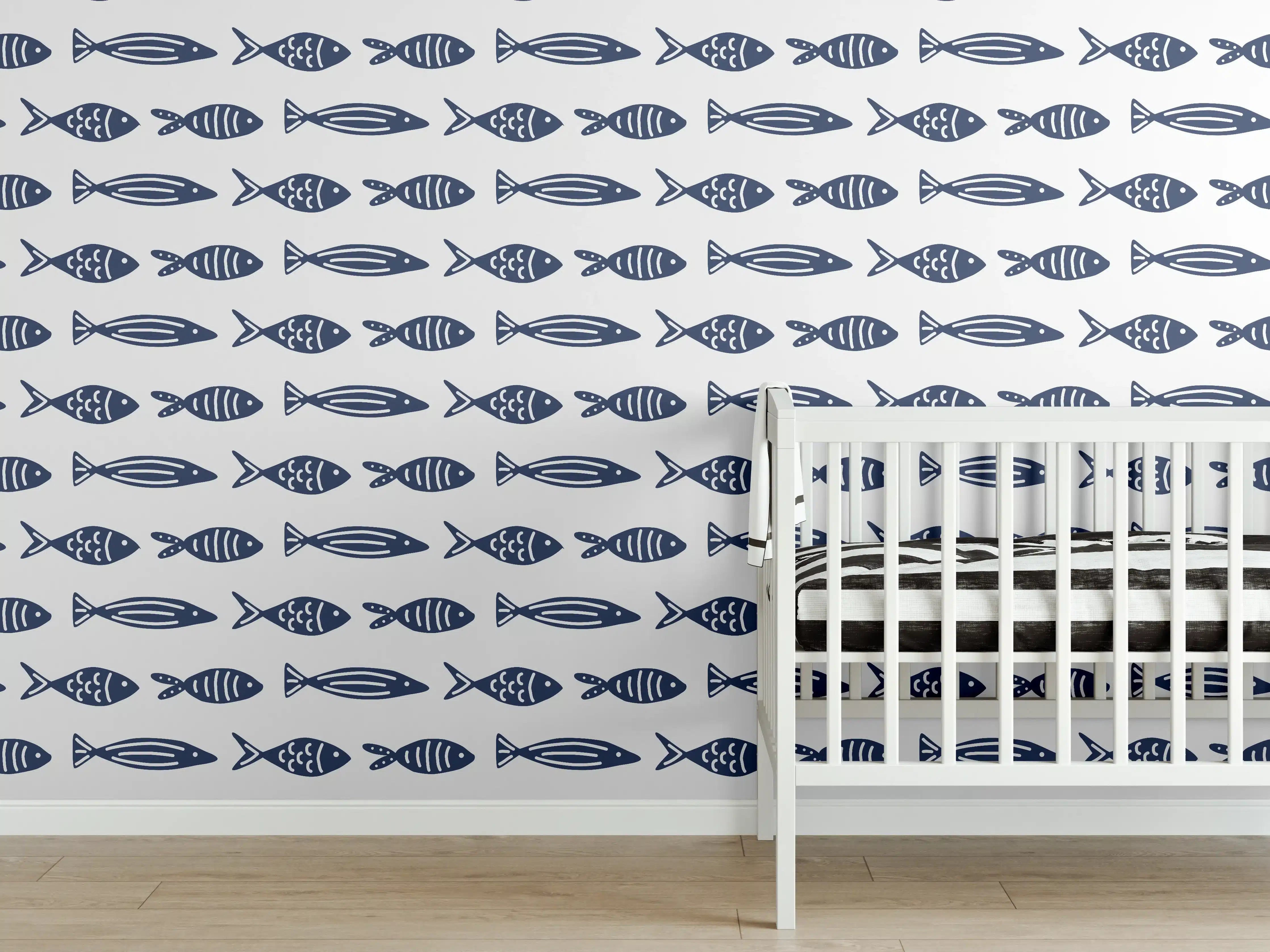 Babyzimmer Wandgestaltung - Minimalistische Fische Blau-Weiß