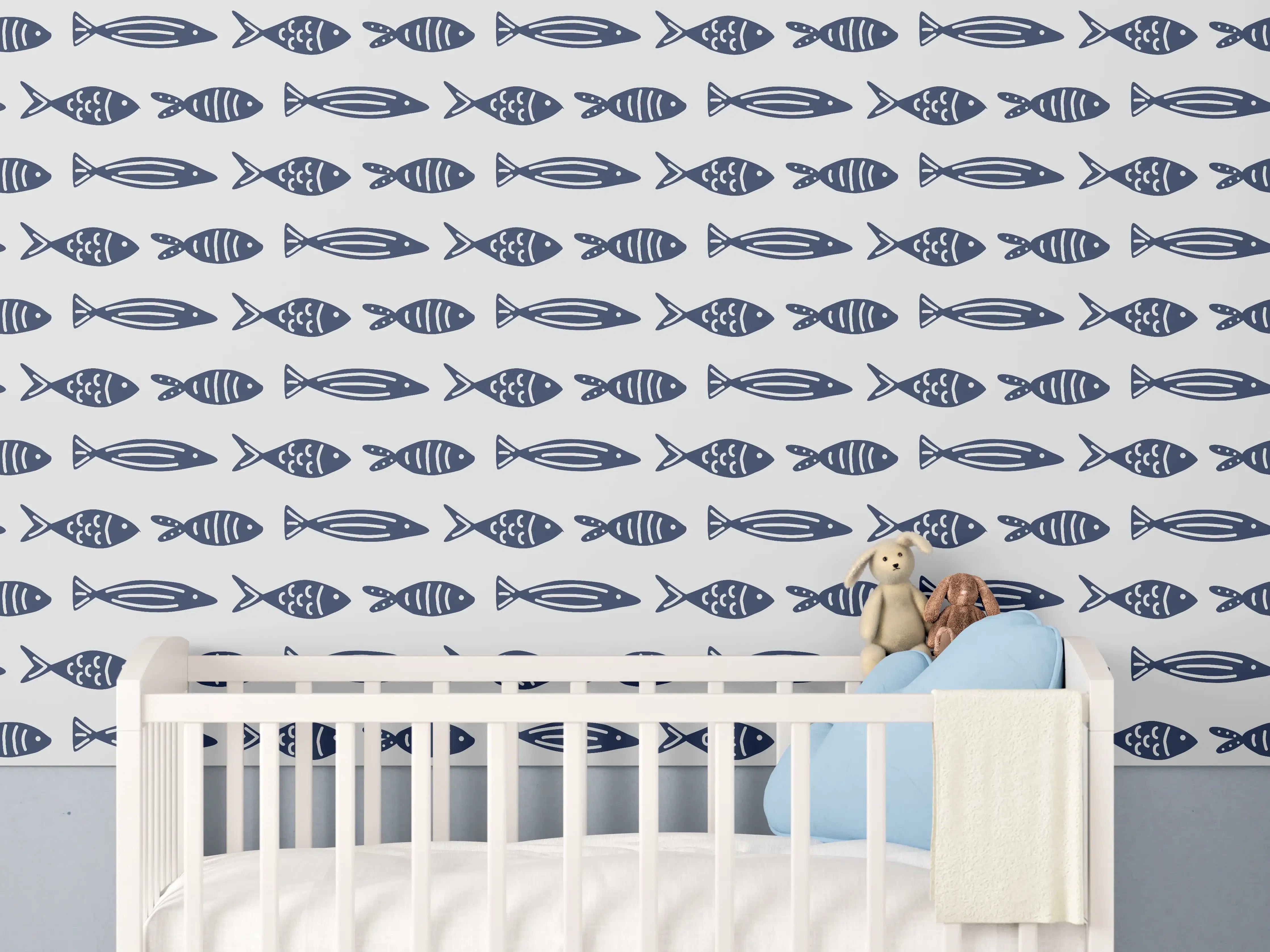 Babyzimmer Wandgestaltung - Minimalistische Fische Blau-Weiß