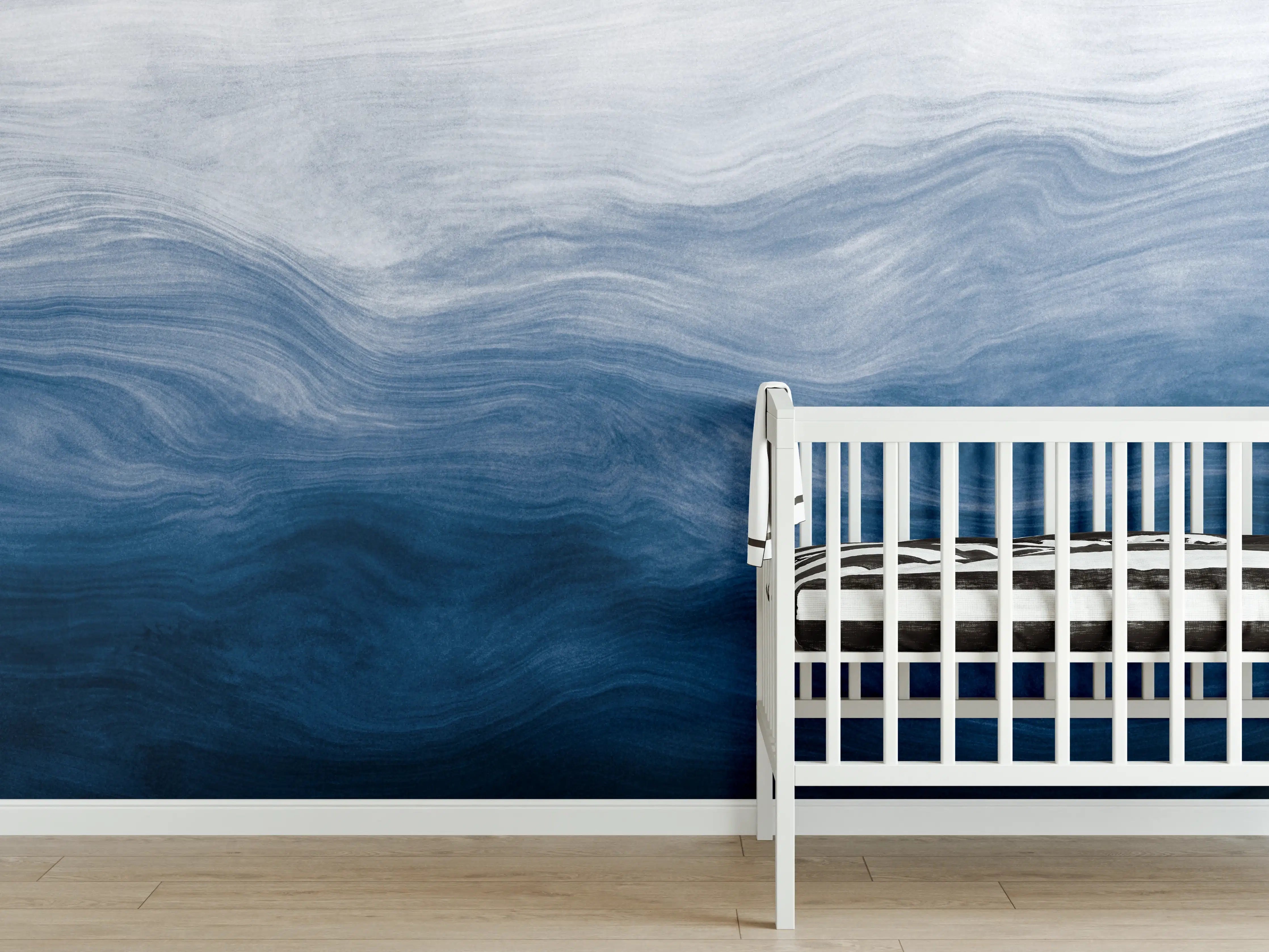 Babyzimmer Wandgestaltung - Moderne Abstrakte Blautöne Wellenstruktur