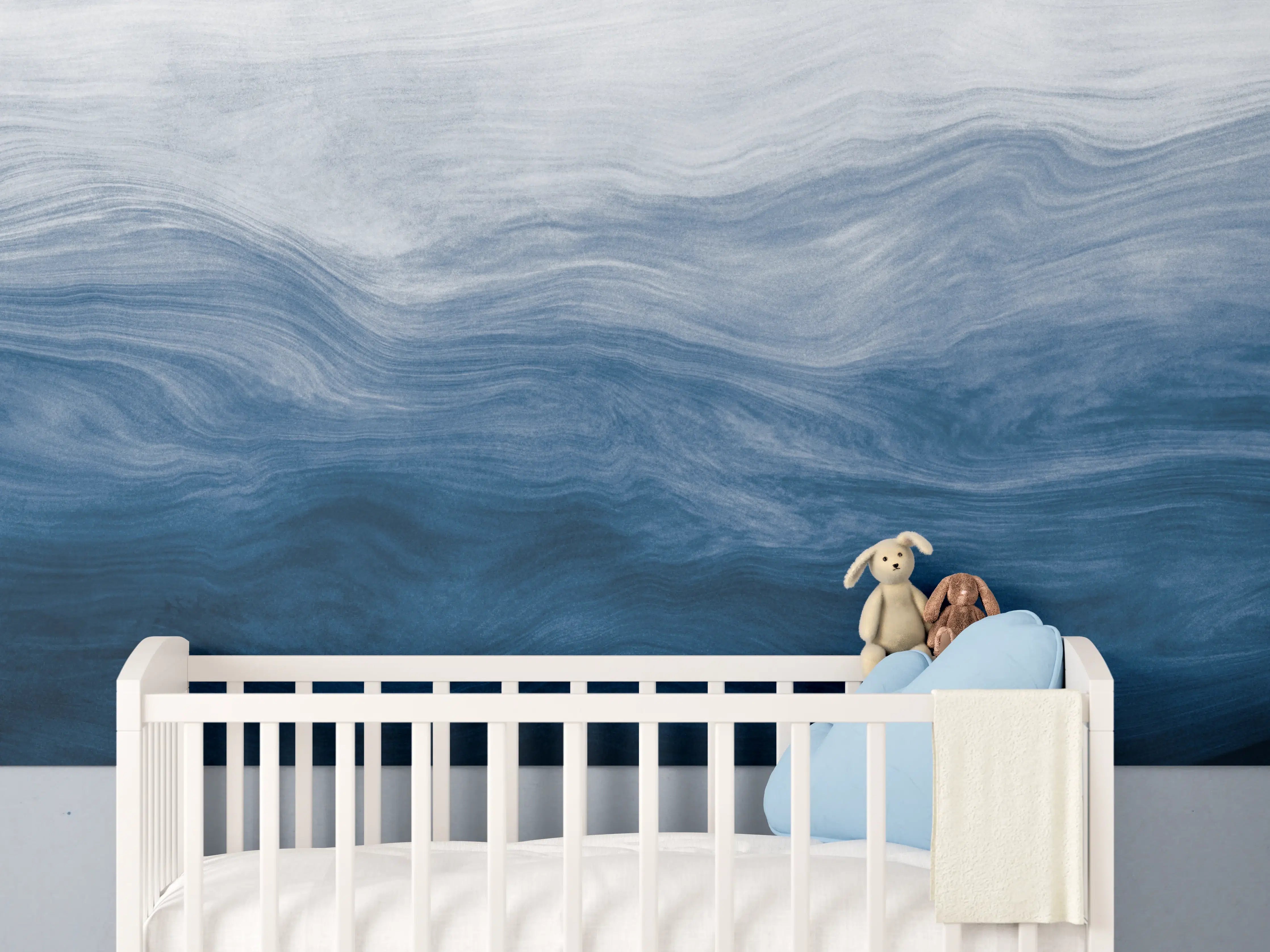 Babyzimmer Wandgestaltung - Moderne Abstrakte Blautöne Wellenstruktur