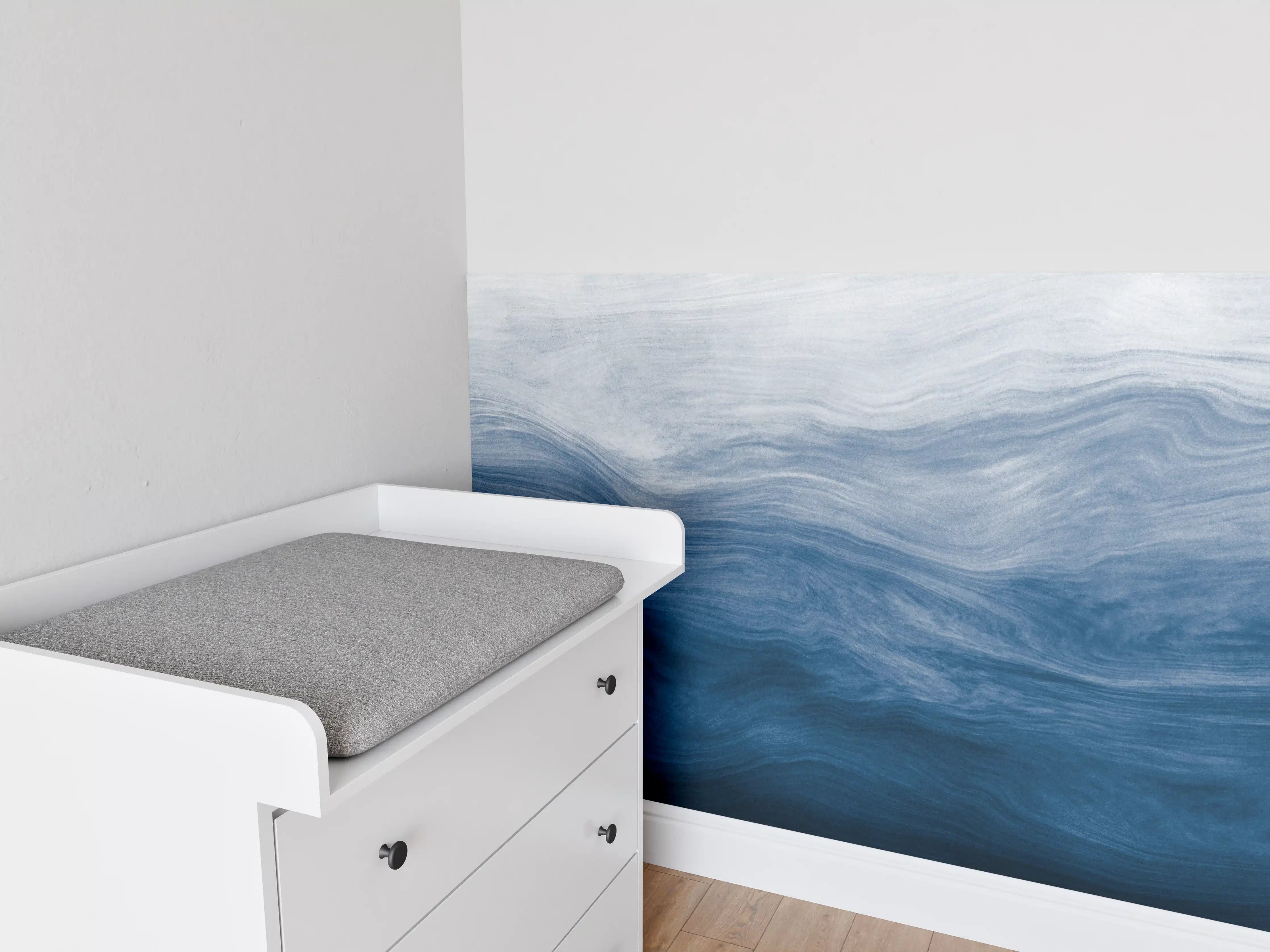 Babyzimmer Wandgestaltung - Moderne Abstrakte Blautöne Wellenstruktur